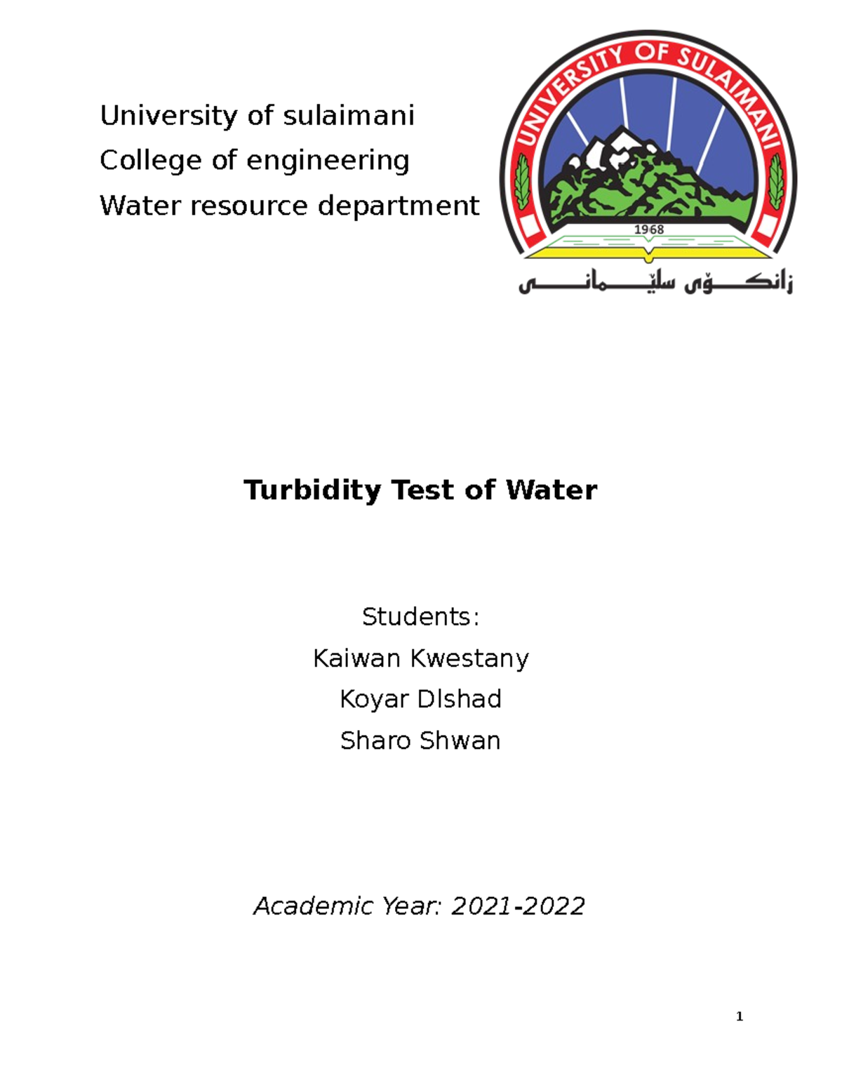 Turbisity turbidity lab report University of sulaimani College of