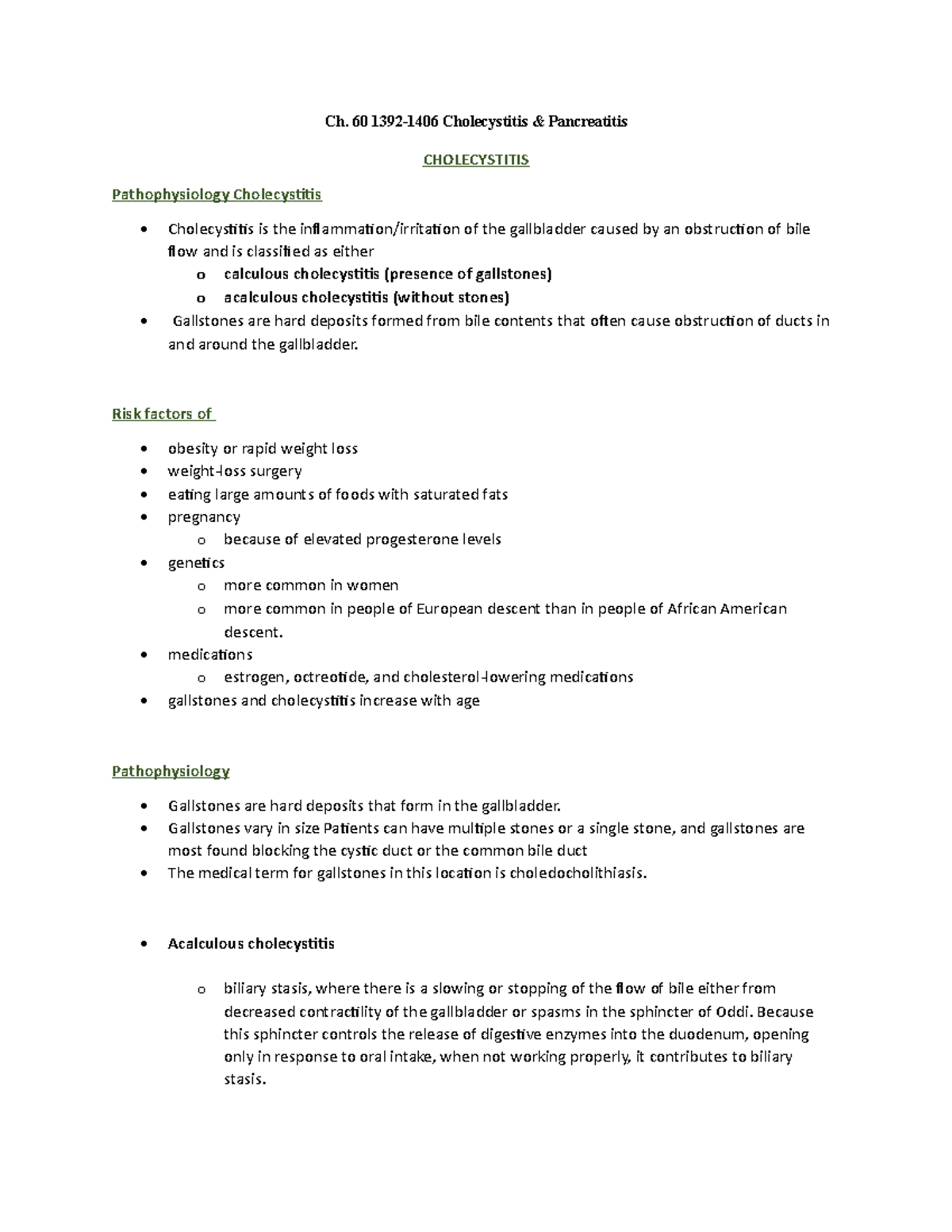 Cholecystitis notes - Staff Exam 4 - Ch. 60 1392-1406 Cholecystitis ...