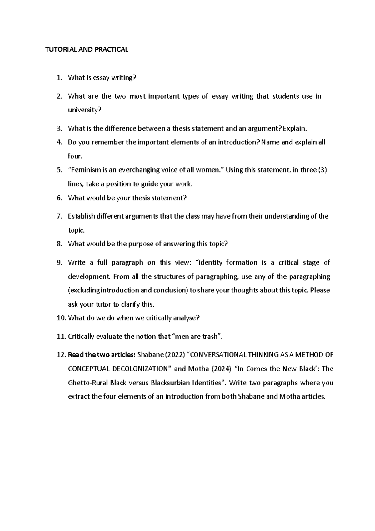 Practical 09 September 2024 - TUTORIAL AND PRACTICAL What is essay ...