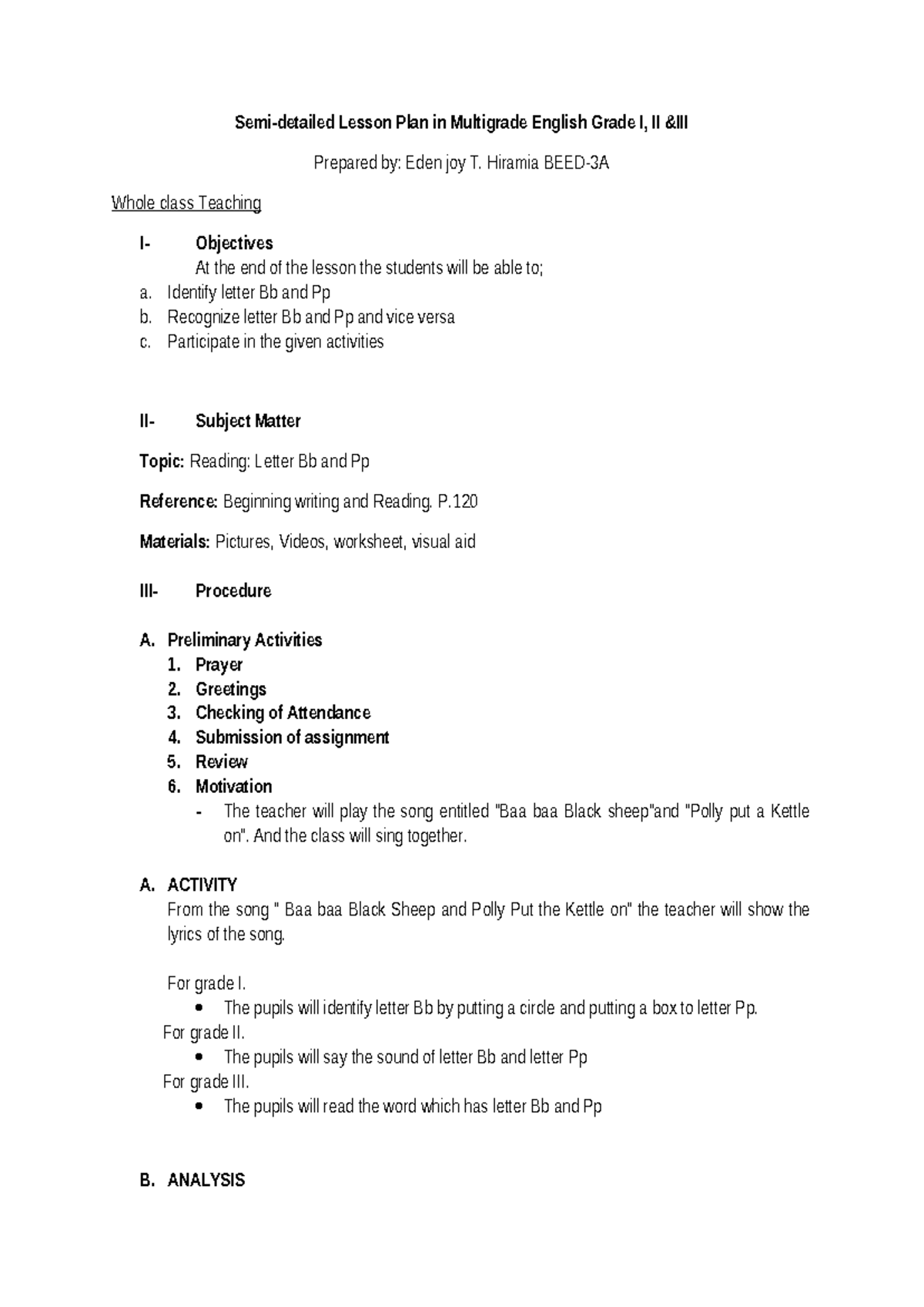 Semi - Semi-detailed Lesson Plan in Multigrade English Grade I, II &III ...