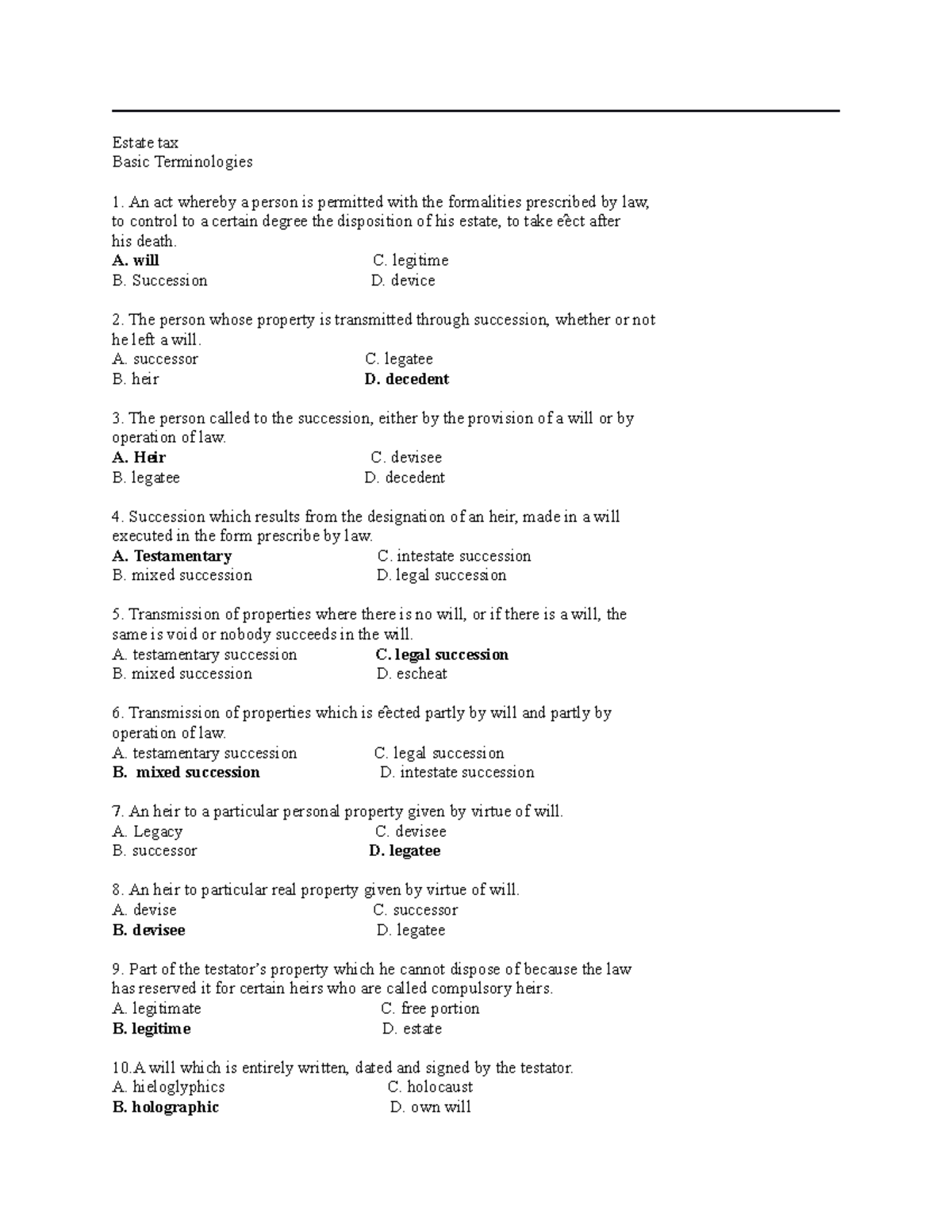 Sample/practice exam 2019, questions and answers - Estate tax Basic ...