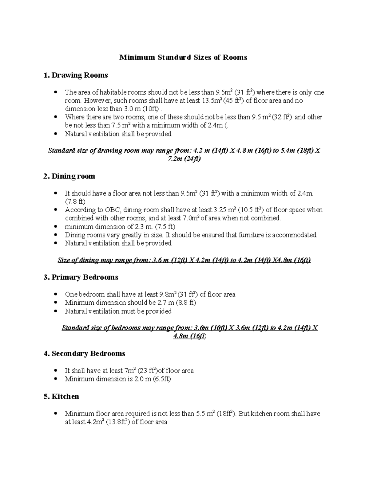 Minimum Standard Sizes of Rooms Drawing Rooms The area of habitable