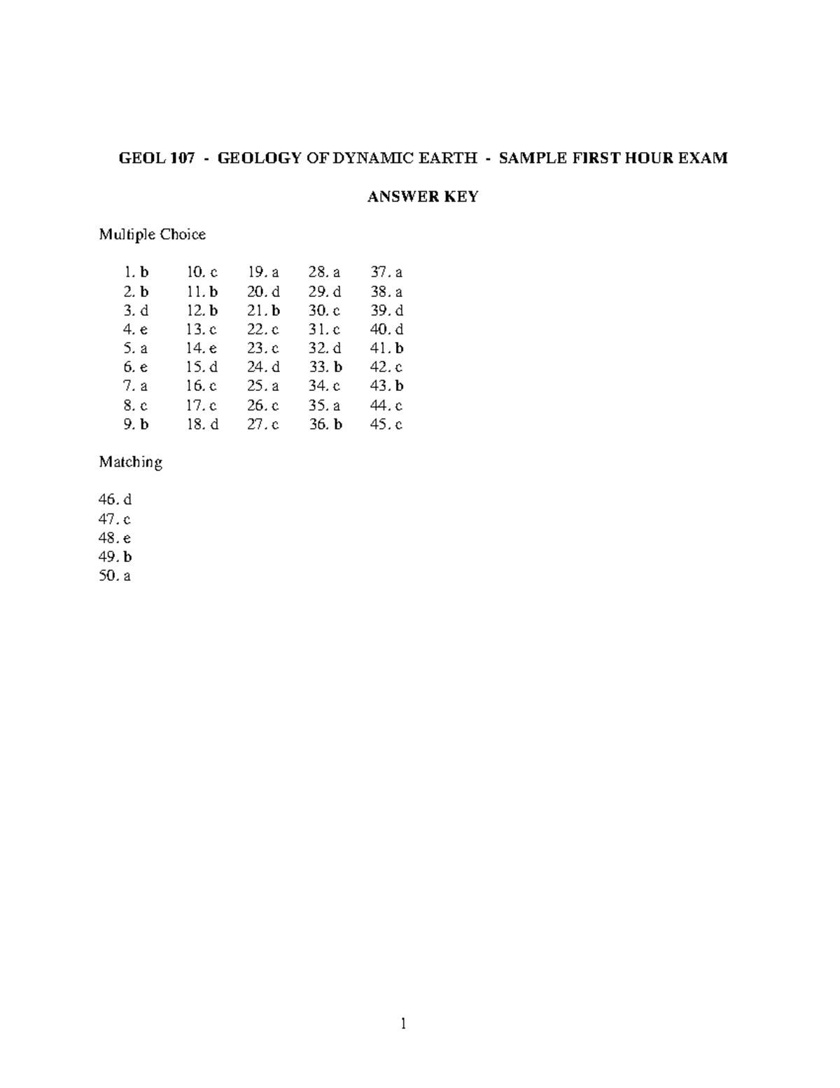 GEOL107 Sample Exam 1 Answers - GEOL107 - 1 GEOL 107 - GEOLOGY OF ...