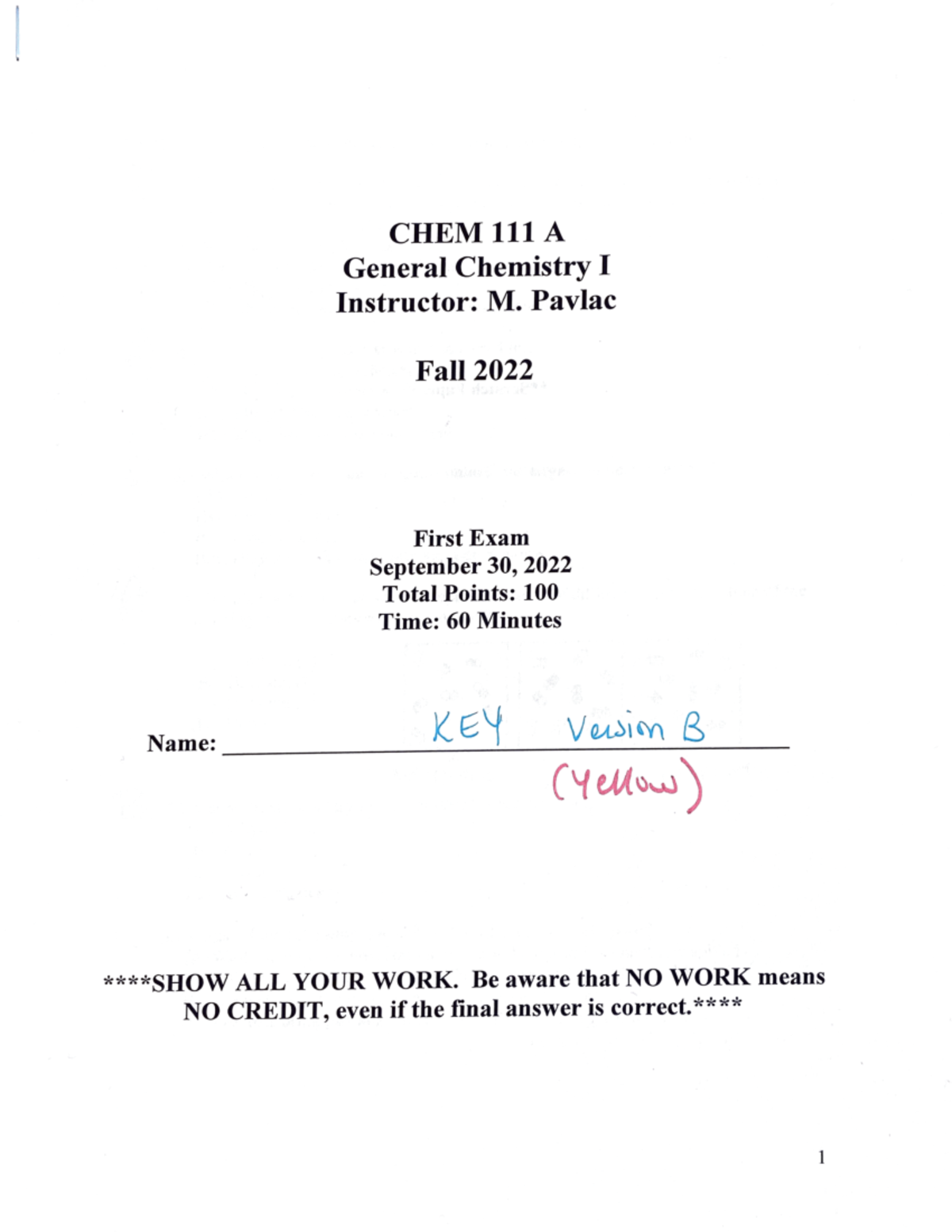 Exam 1 Key - Yellow - CHEM-111 - Studocu