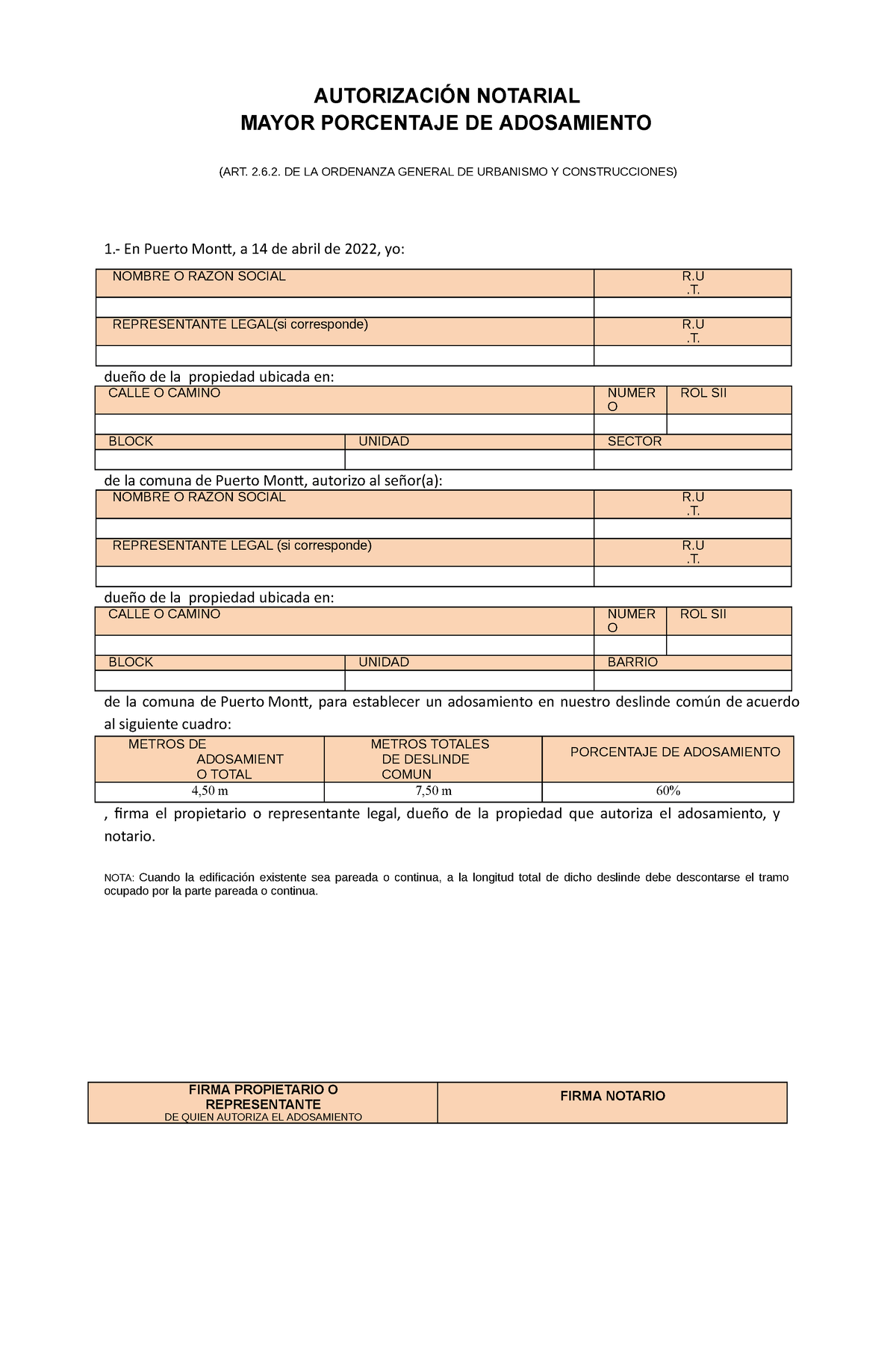 Autorizacion De Mayor Adosamiento AutorizaciÓn Notarial Mayor Porcentaje De Adosamiento Art 3696