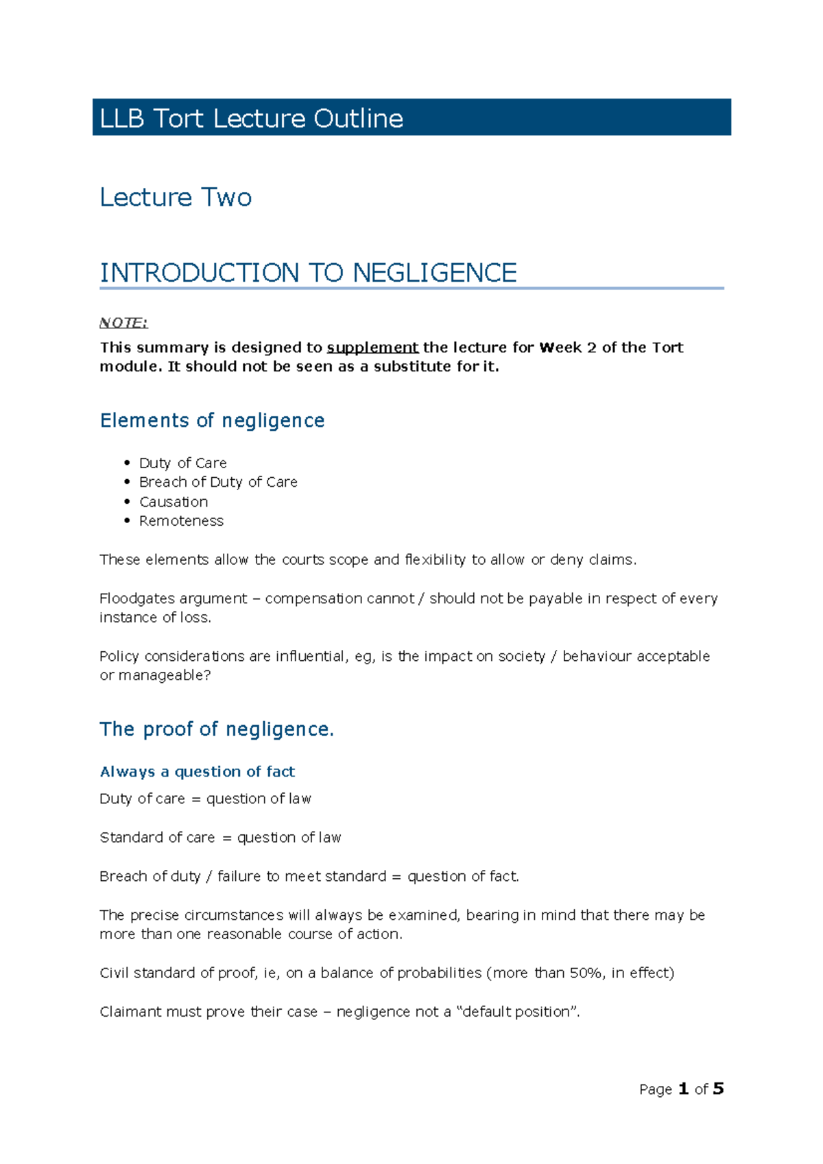 Tort Lecture 2 Handout Intro Negligence - LLB Tort Lecture Outline ...