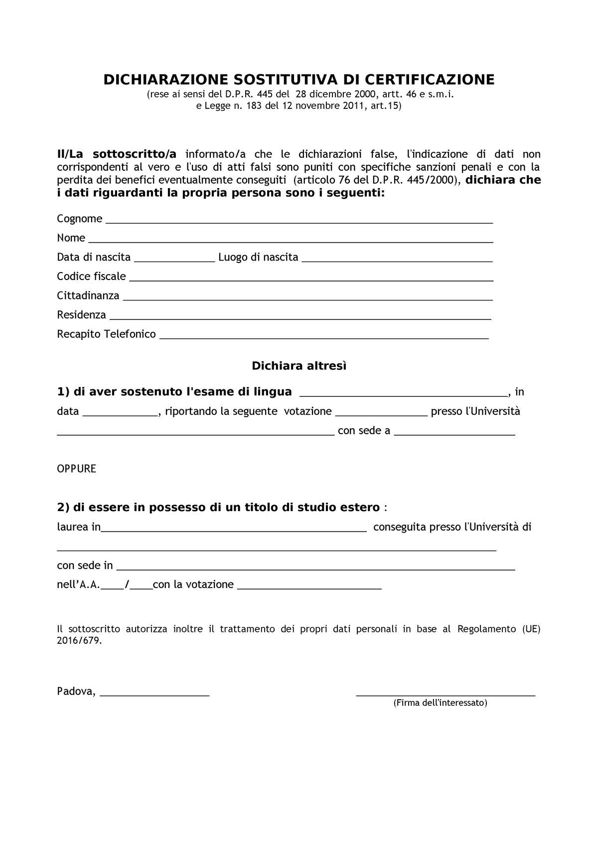 Modulo autocertificazione - DICHIARAZIONE SOSTITUTIVA DI CERTIFICAZIONE ...