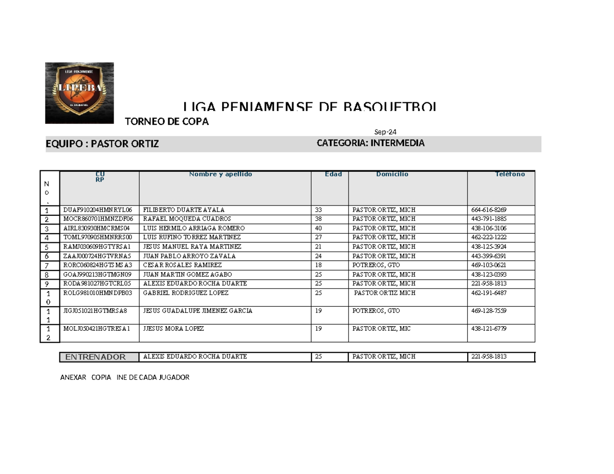 Formato DE Lipeba PDF - lipeda - EQUIPO : PASTOR ORTIZ CATEGORIA ...