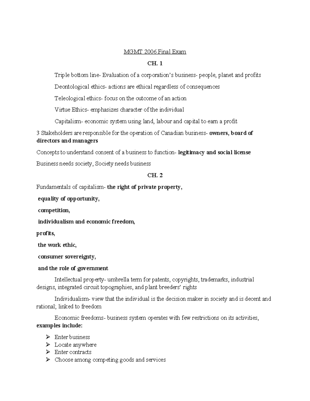 MGMT 2006 Final Exam MGMT 2006 Final Exam CH. 1 Triple bottom line