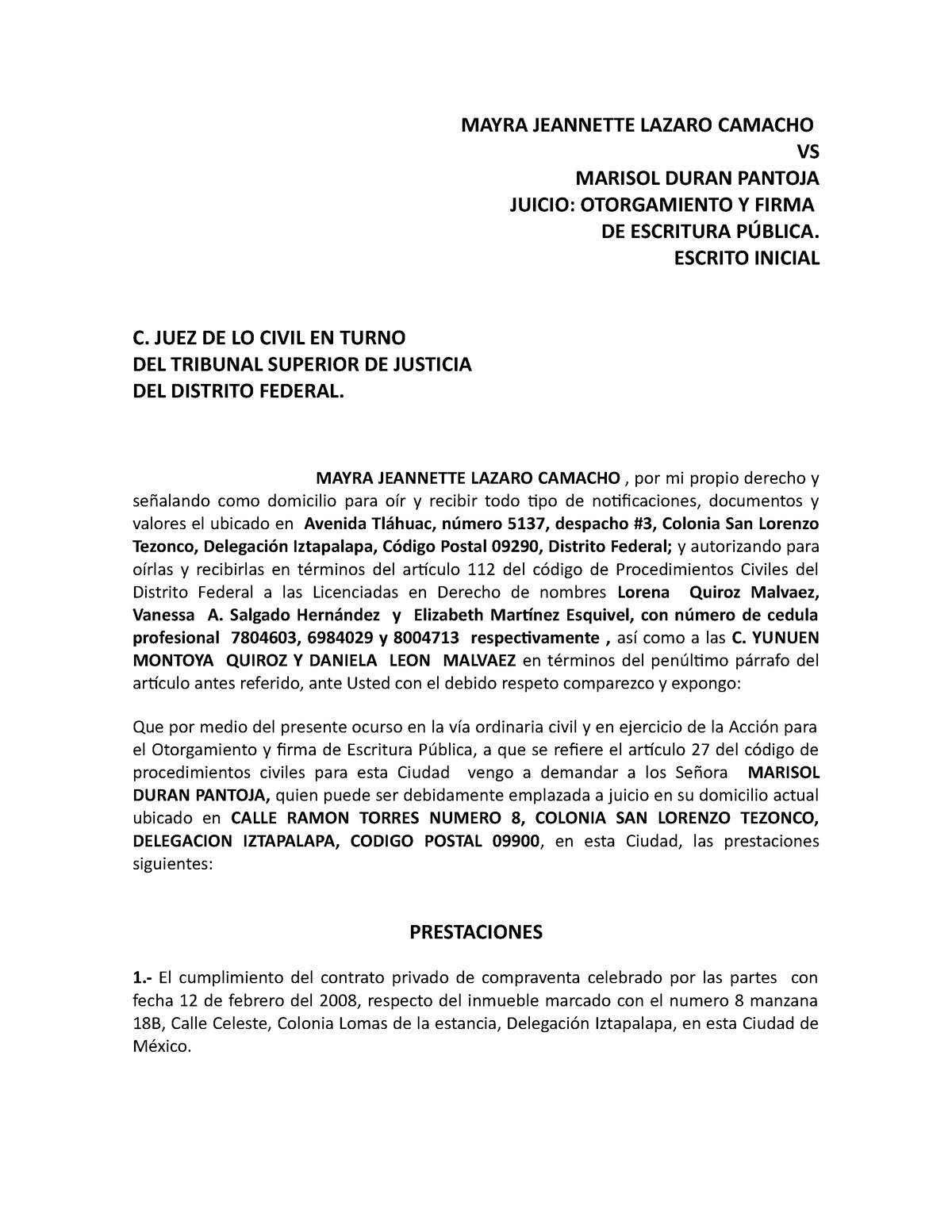 Demanda Juicio Y Otorgamiento De Escritura En Materia Civil Accion Proforma Mayra Jeannette