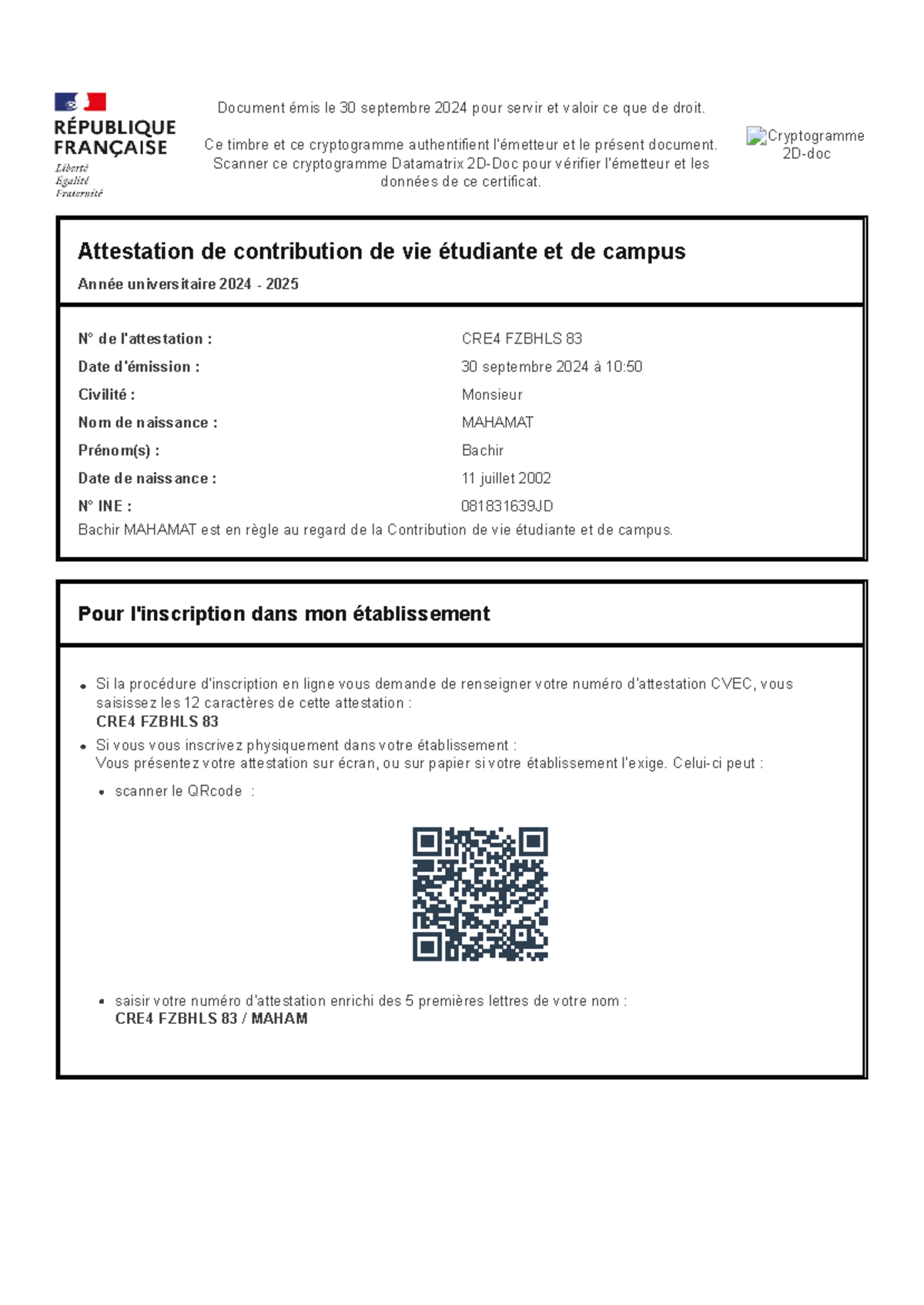 Attestation CRE4 Fzbhls 83 - Document émis le 30 septembre 2024 pour ...