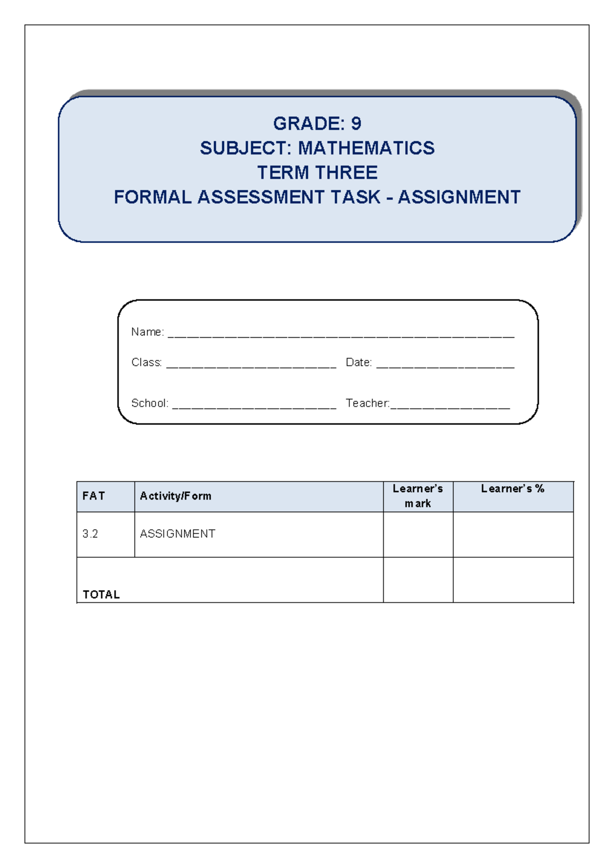 Mathematics Gr 9 FAT 3 2 Assignment Graphs Term 3 final - FAT Activity ...