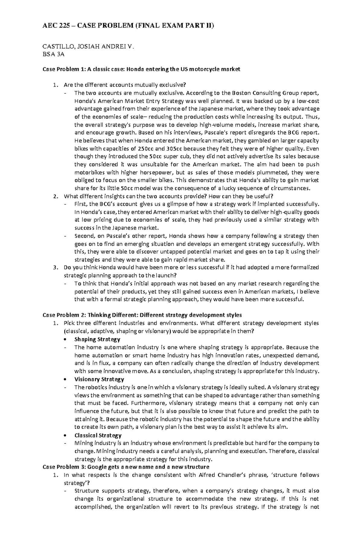 CASE Problem on financial markets - AEC 225 – CASE PROBLEM (FINAL EXAM ...