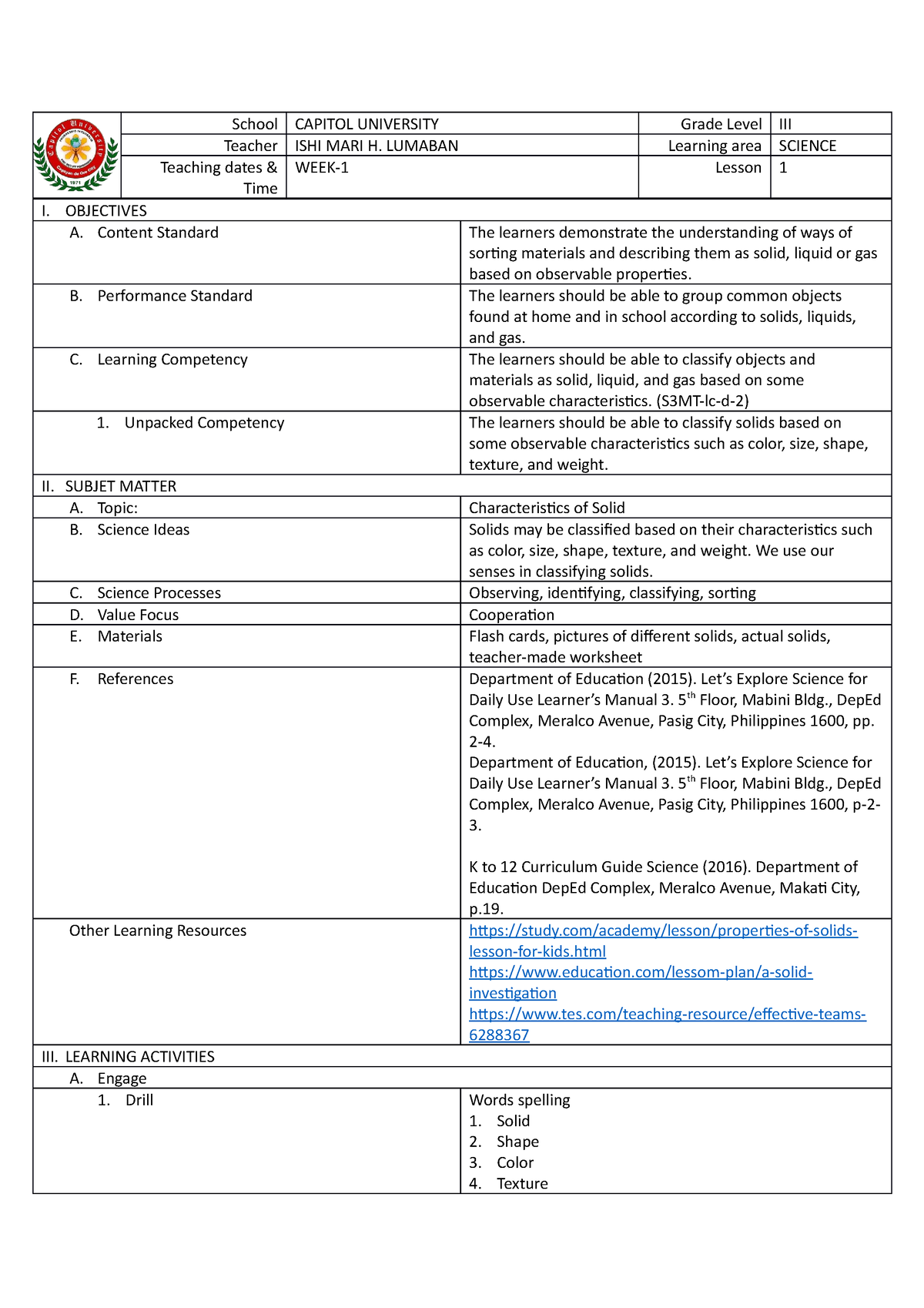 Lesson Plan Science 3 (Characterisics of Solids) - School CAPITOL ...