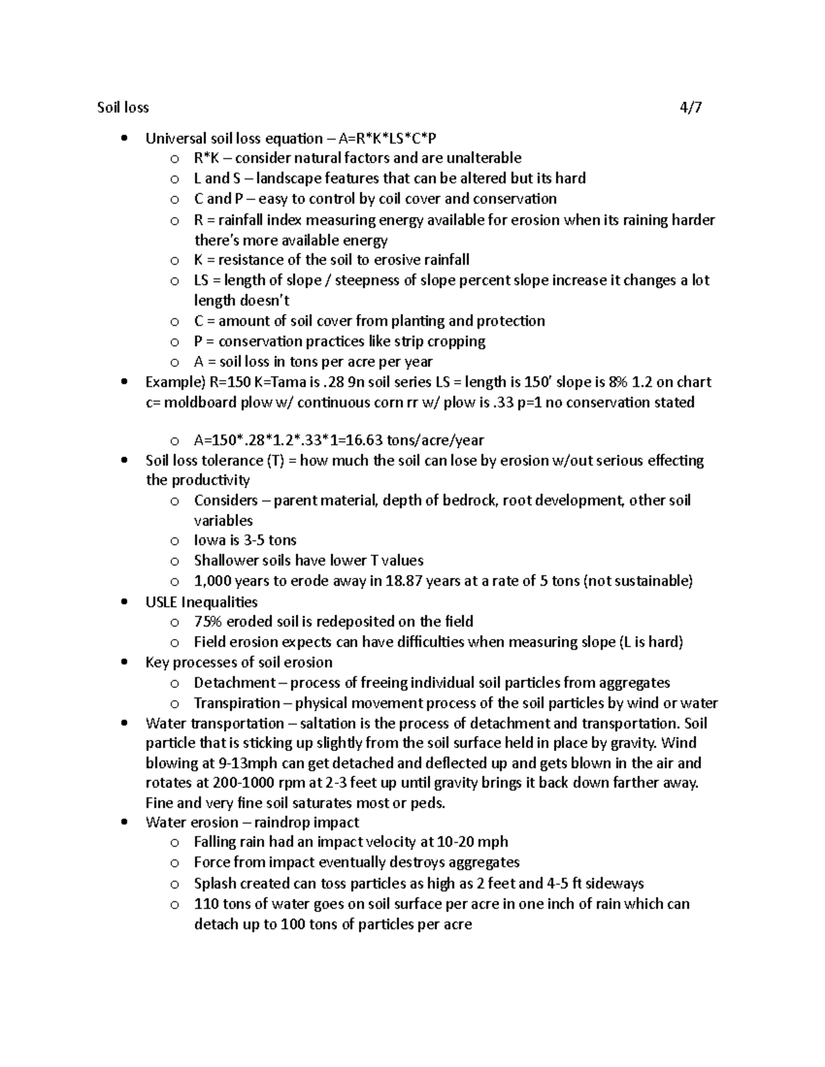 Agronomy notes for test 3 - Soil loss 4/ Universal soil loss equation ...