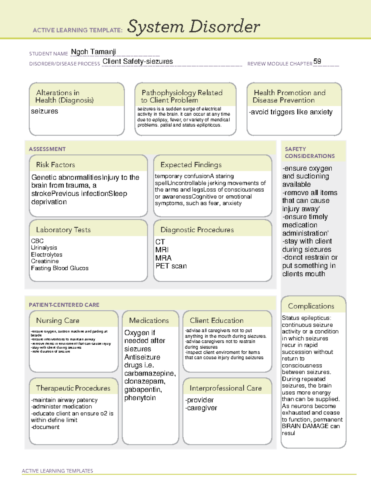 Alt Seizues - Ati - Active Learning Templates System Disorder Student 