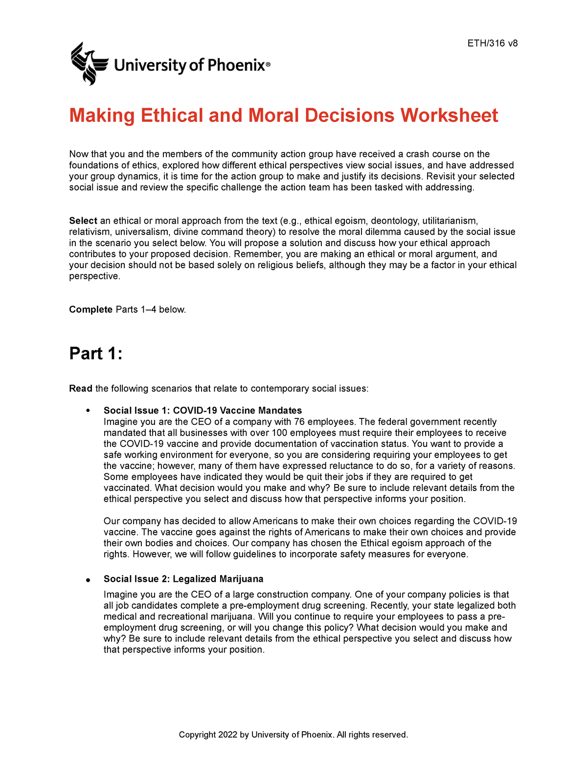 eth 316 week 5 ethical perspectives matrix