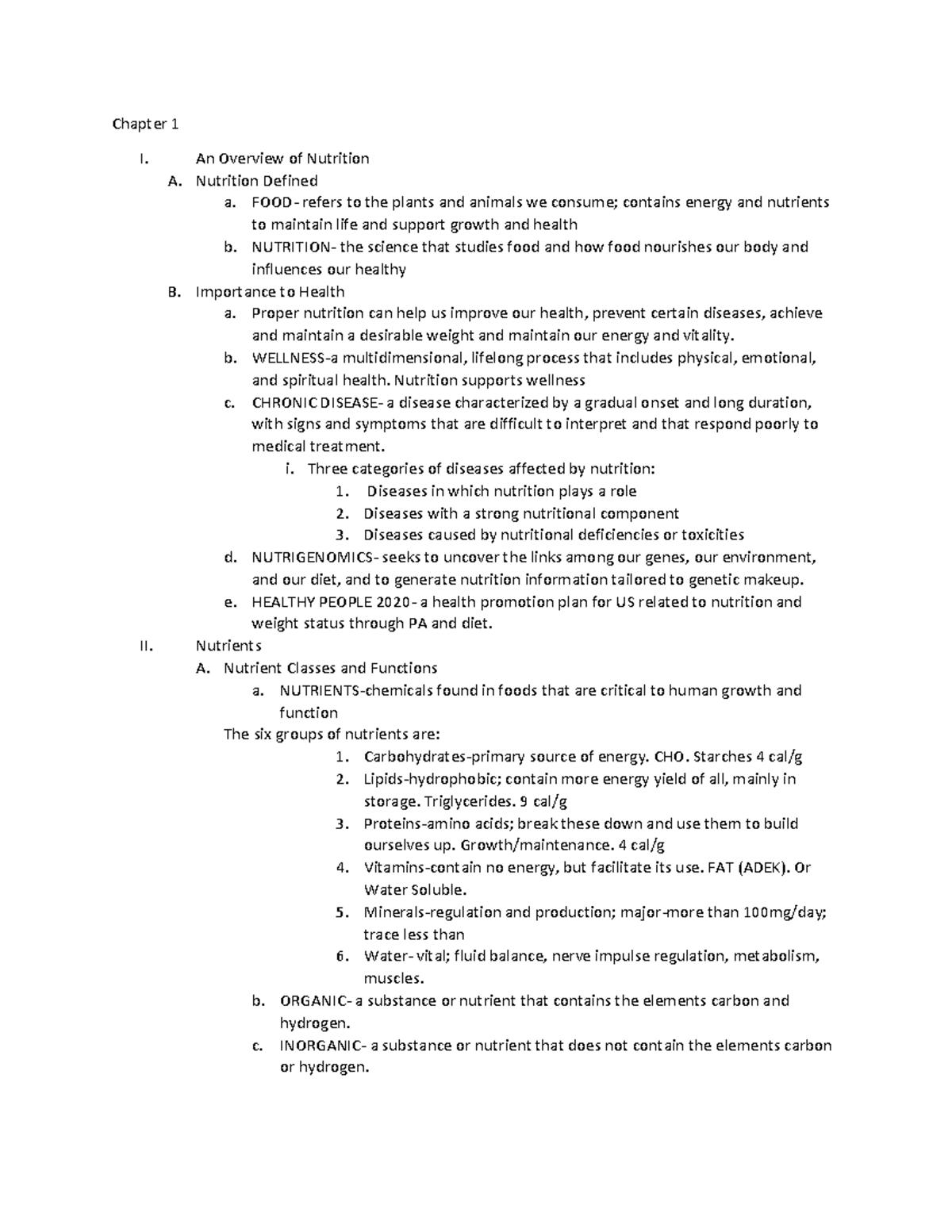 Introduction to Nutrition - Chapter 1 I. An Overview of Nutrition A ...