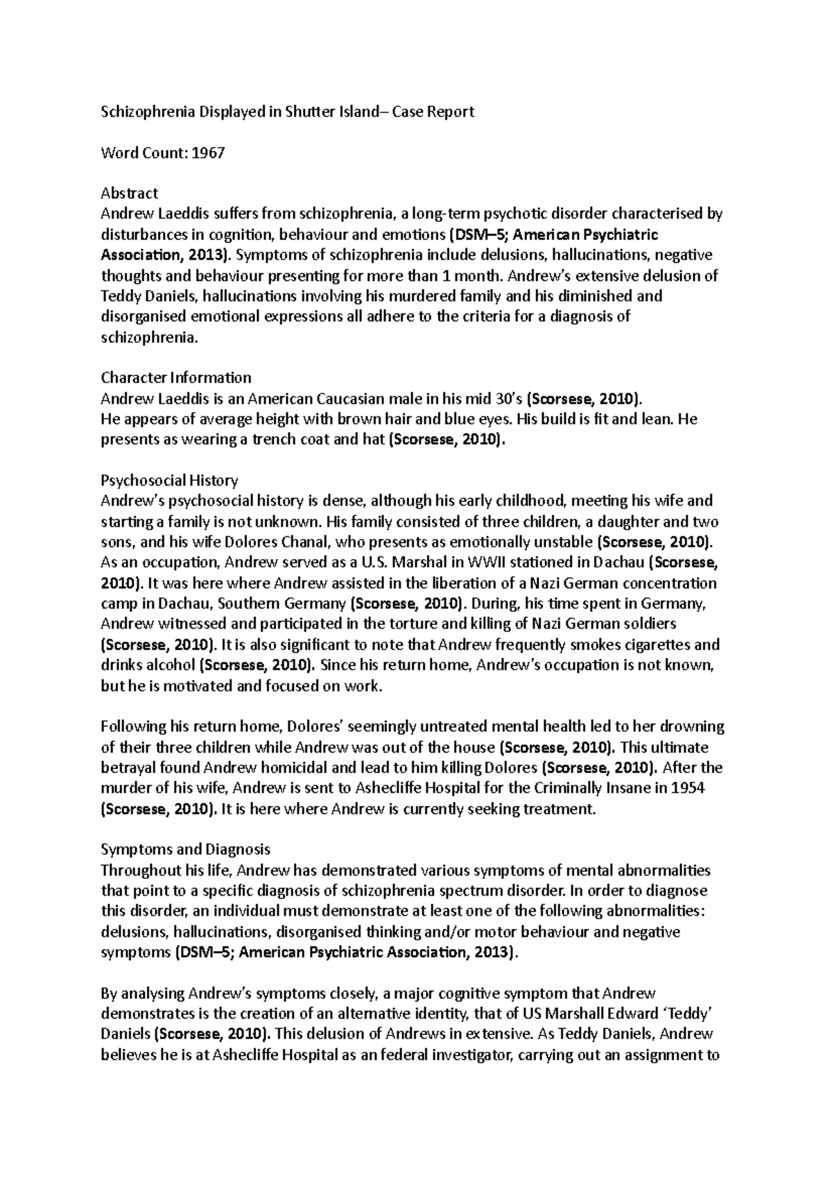 Case Study Schizophrenia Displayed in Shutter Island Case Report