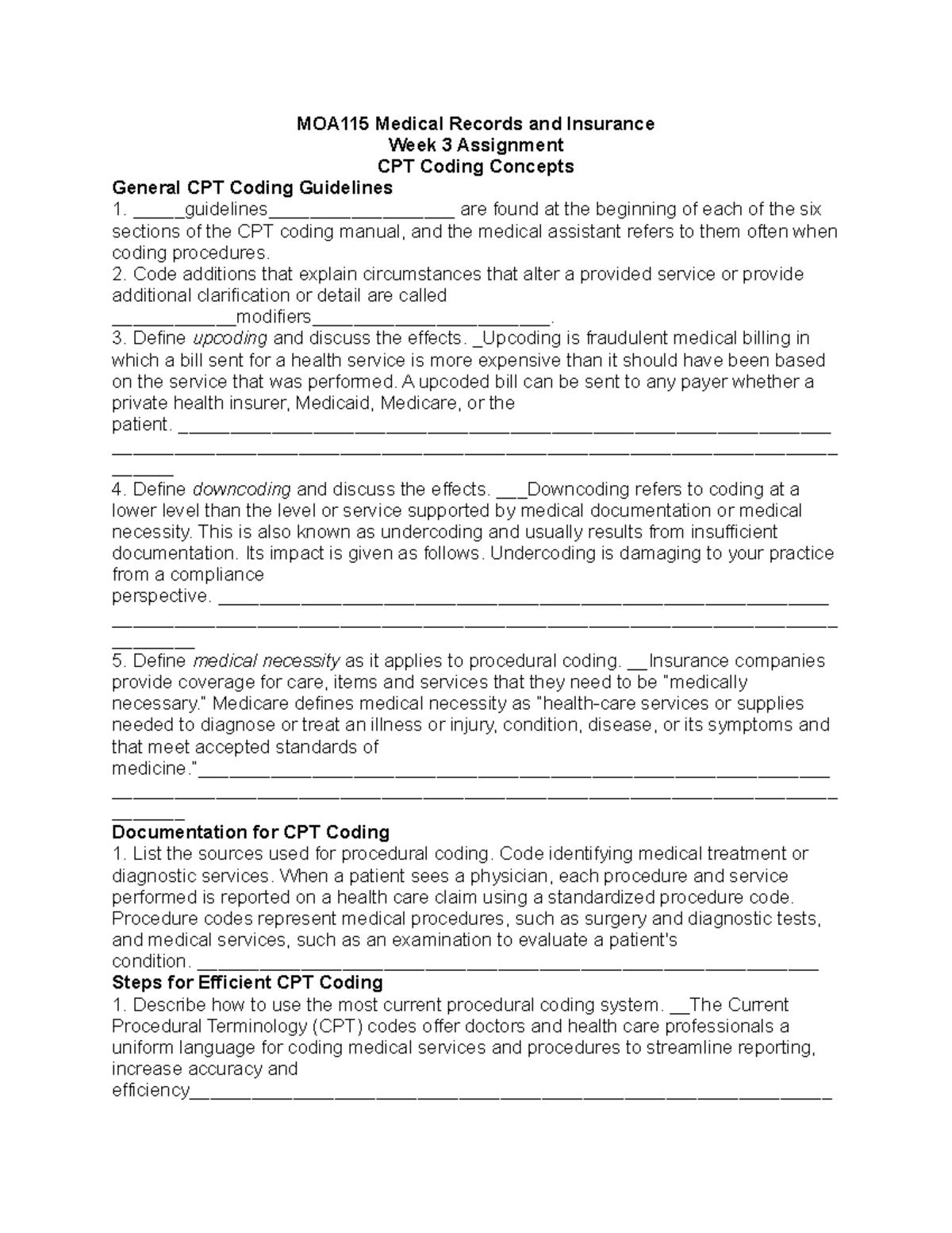 MOA115 Week 3 Assignment - MOA115 Medical Records And Insurance Week 3 ...