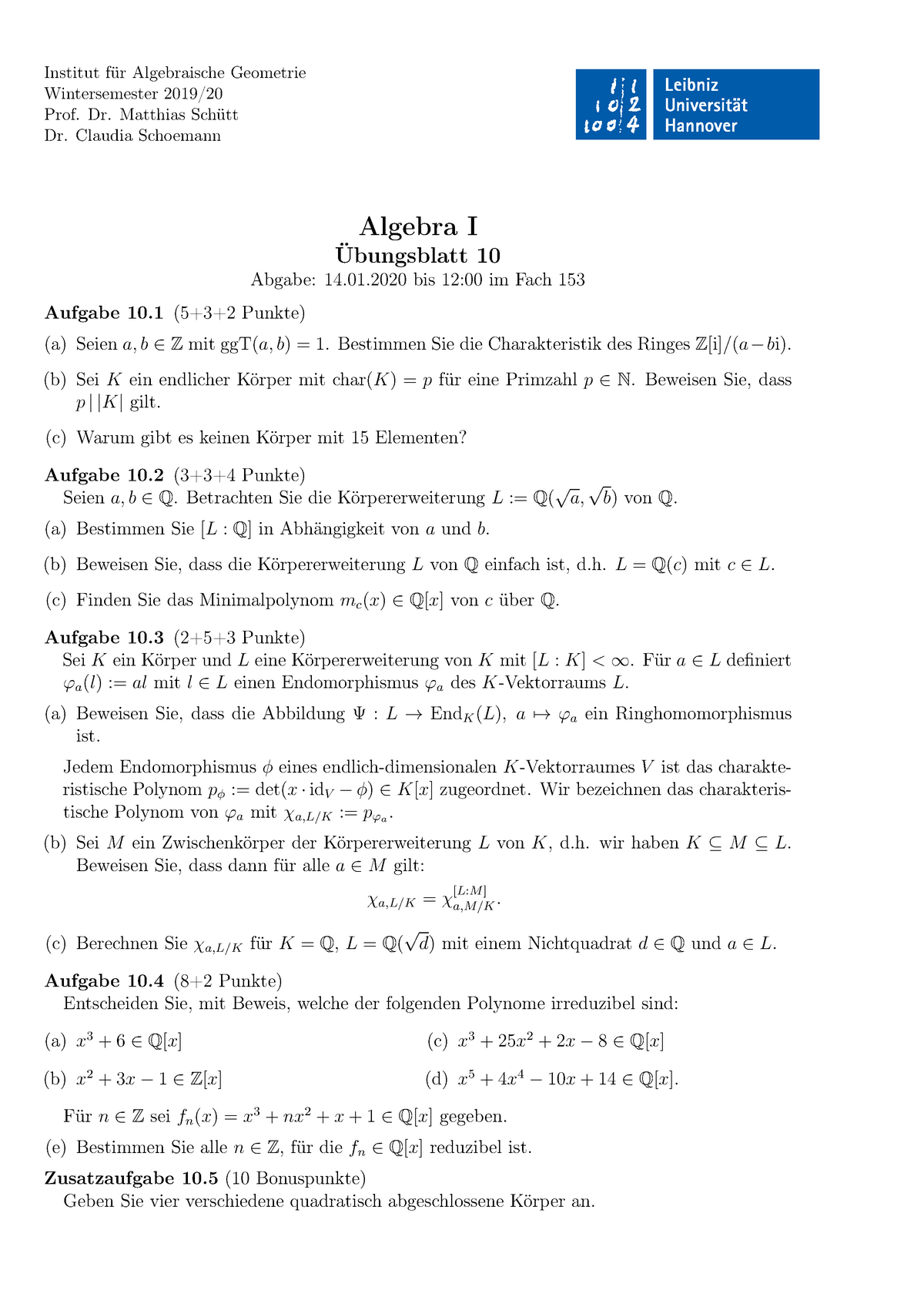 Algebra Blatt 10 Uni Hannover Studocu