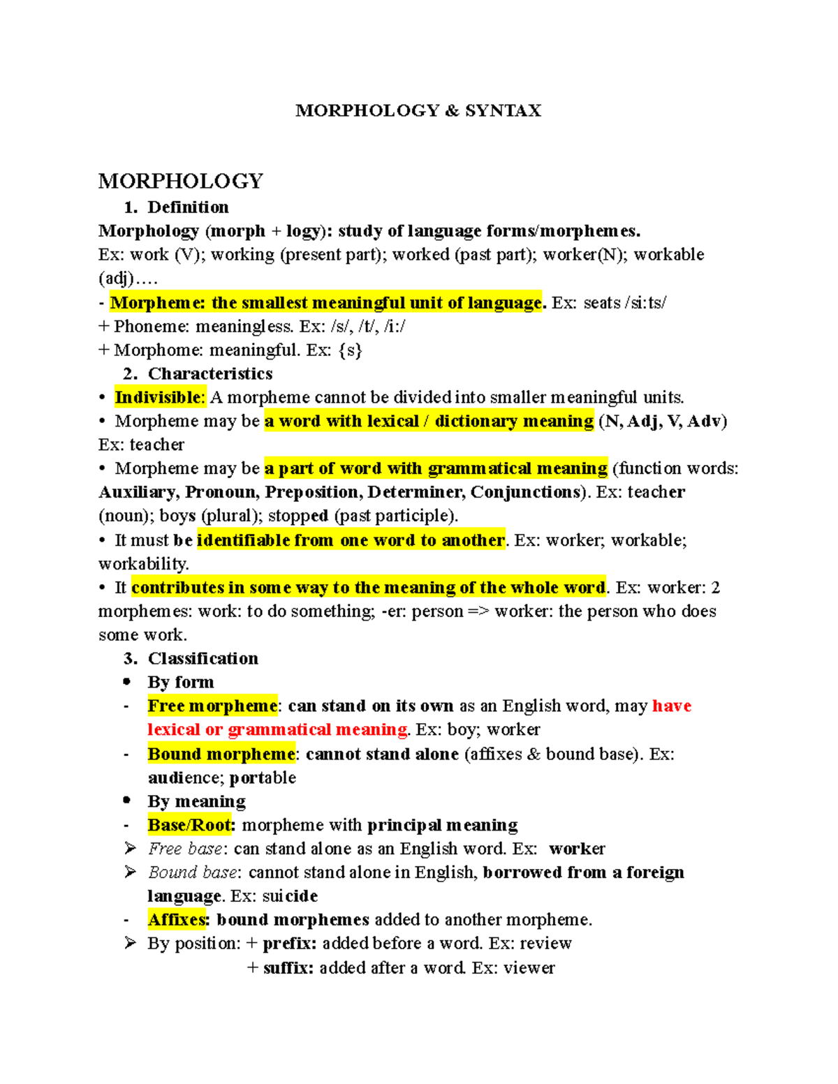 Morphology - Summary Hình thái - Cú pháp học - MORPHOLOGY & SYNTAX ...