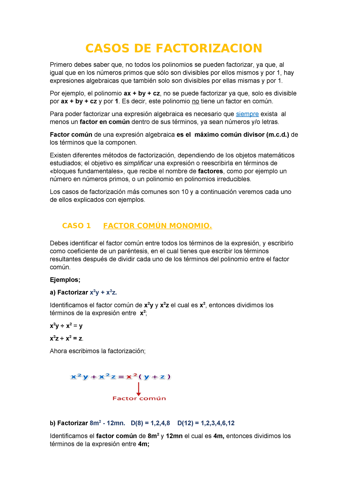 Casos De Factorización A - CASOS DE FACTORIZACION Primero Debes Saber ...