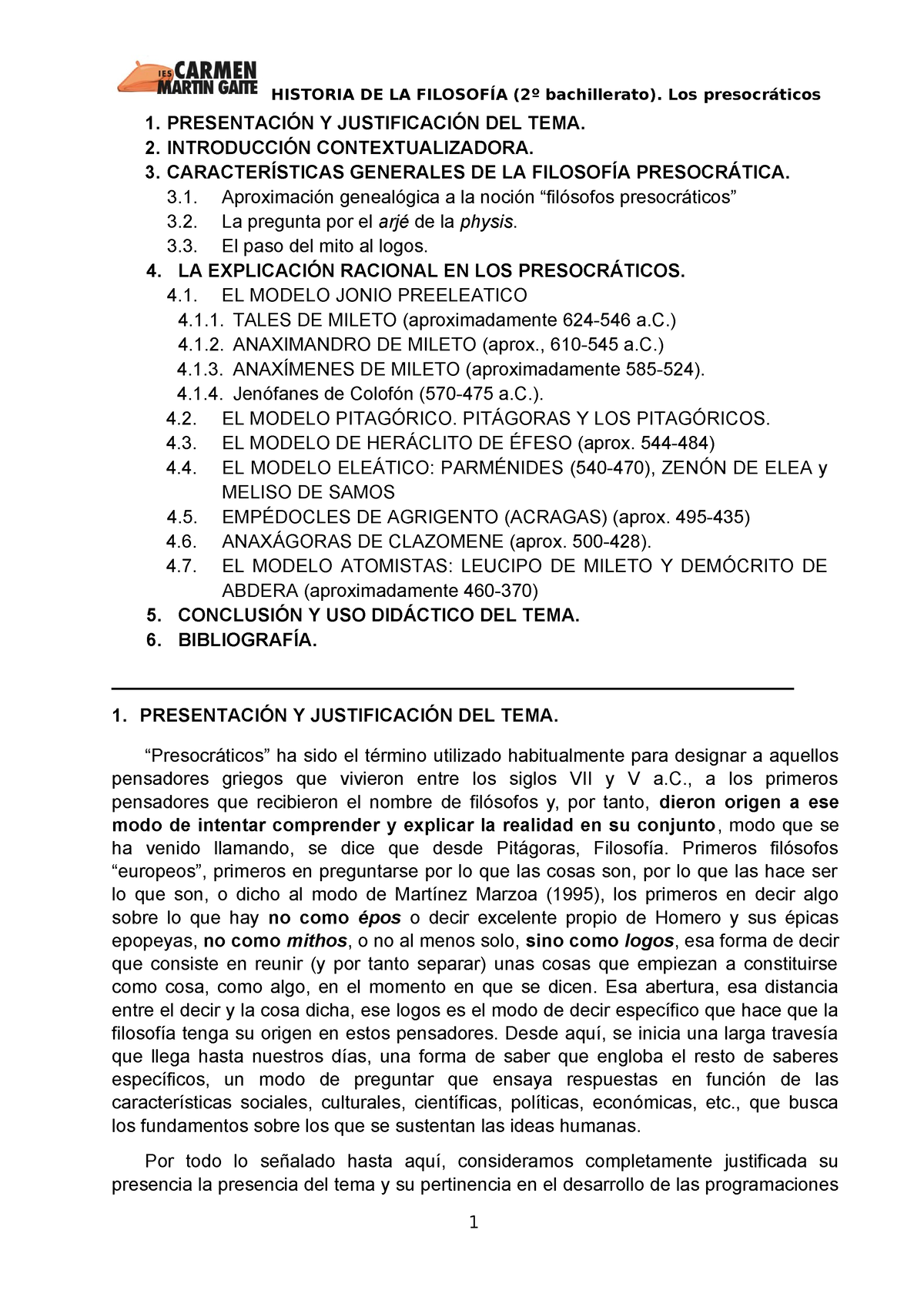 1. Presocráticos. Apuntes - 1. PRESENTACIÓN Y JUSTIFICACIÓN DEL TEMA. 2 ...