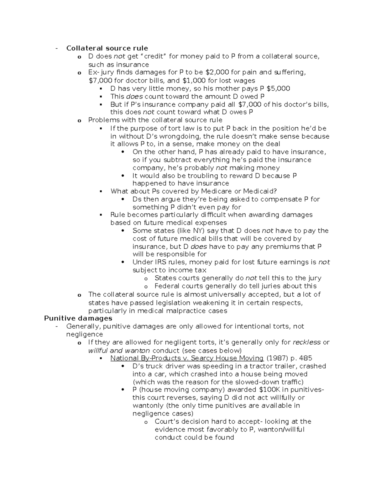 Torts Law Outline - 2 - Collateral source rule o D does not get “credit ...