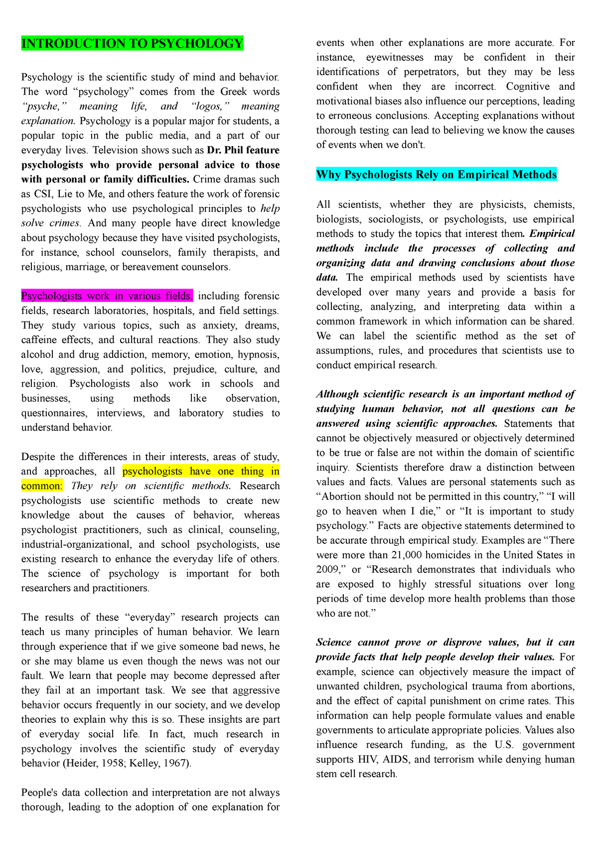 Advance Study-BS Psychology - INTRODUCTION TO PSYCHOLOGY Psychology Is ...