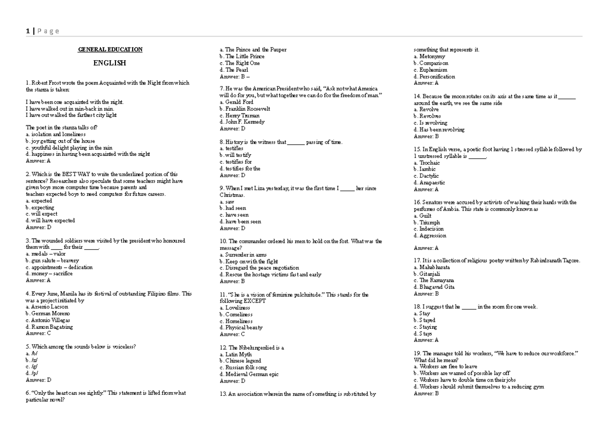 Final-Coaching Notes - GENERAL EDUCATION ENGLISH Robert Frost wrote the ...