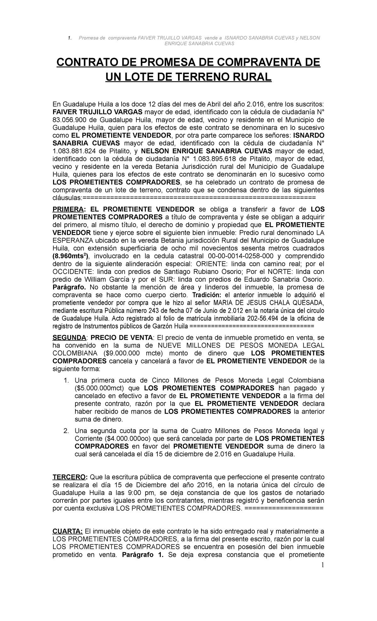 Contrato De Promesa De Compraventa De Un Lote De Terreno Rural 1 Promesa De Compraventa 3531