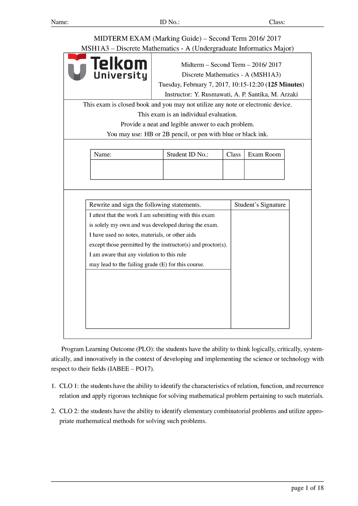 Pembahasan UTS Tahun Ajaran 2016/2017 - MIDTERM EXAM (Marking Guide ...