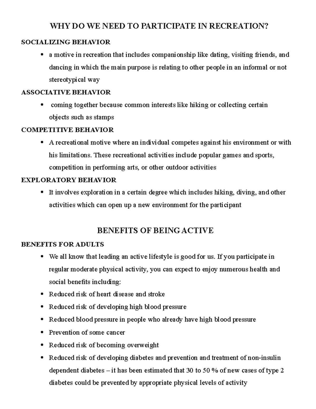 Benefits OF Being Active WHY DO WE NEED TO PARTICIPATE IN RECREATION