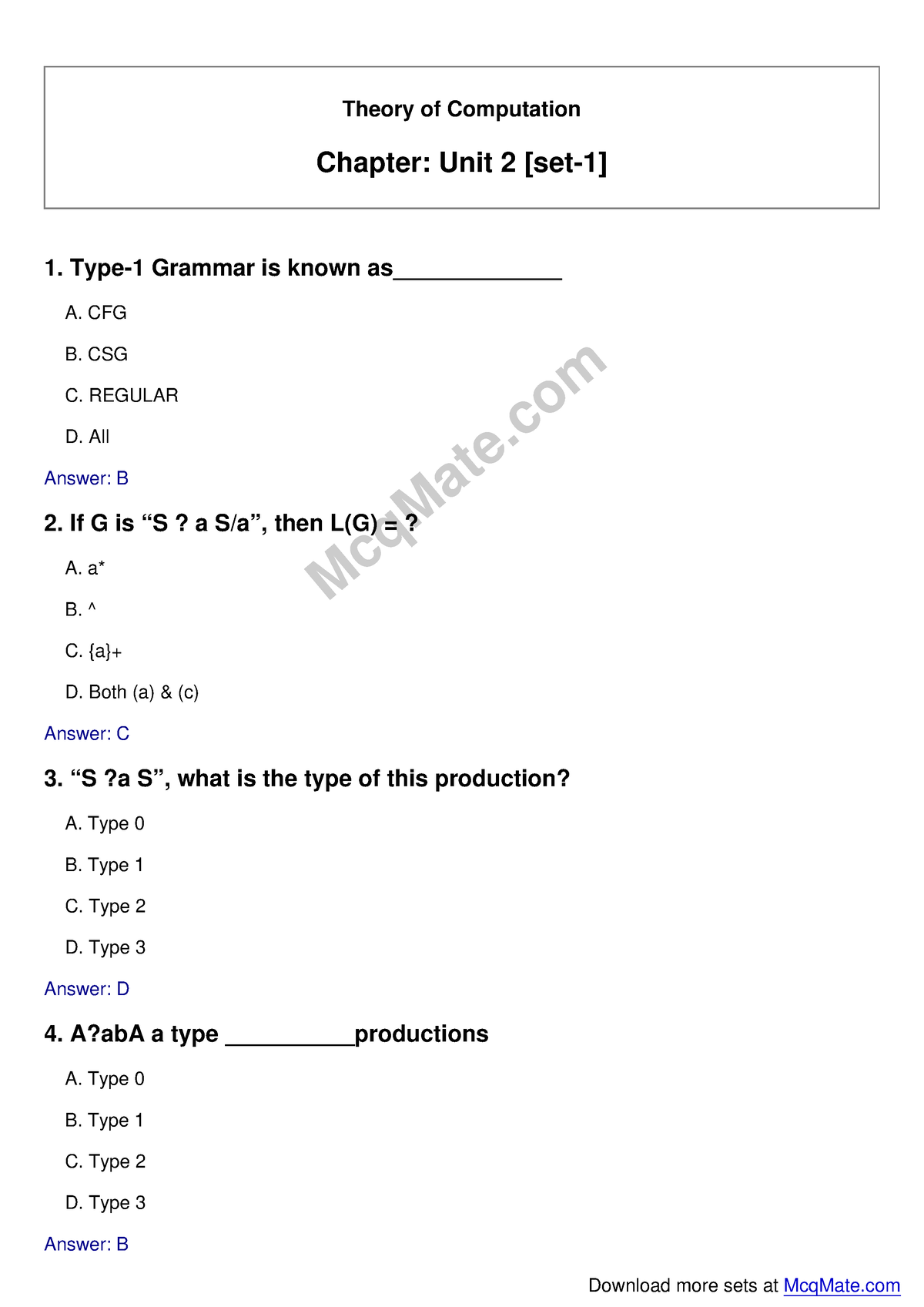 Theory Of Computation (unit-2 [set-1]) Solved MCQs Mcq Mate - Theory Of ...