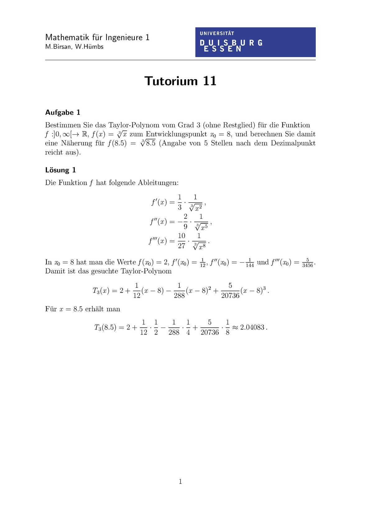 TL11 - Wintersemester - Mathematik F¨ur Ingenieure 1 M, W¨ Umbs ...