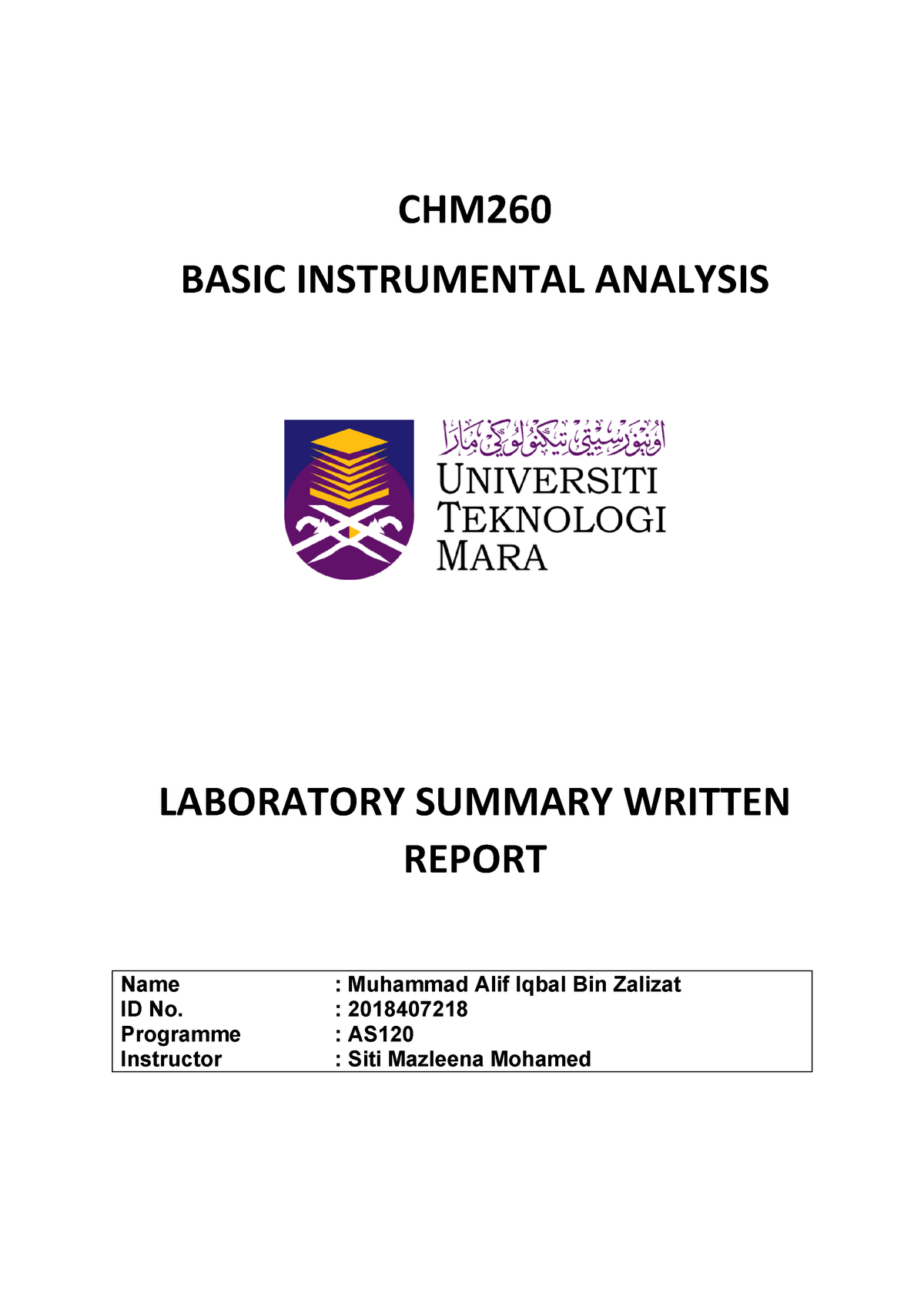 Experiment 4 Chm260 Uitm - Phy Chem - UiTM - Studocu