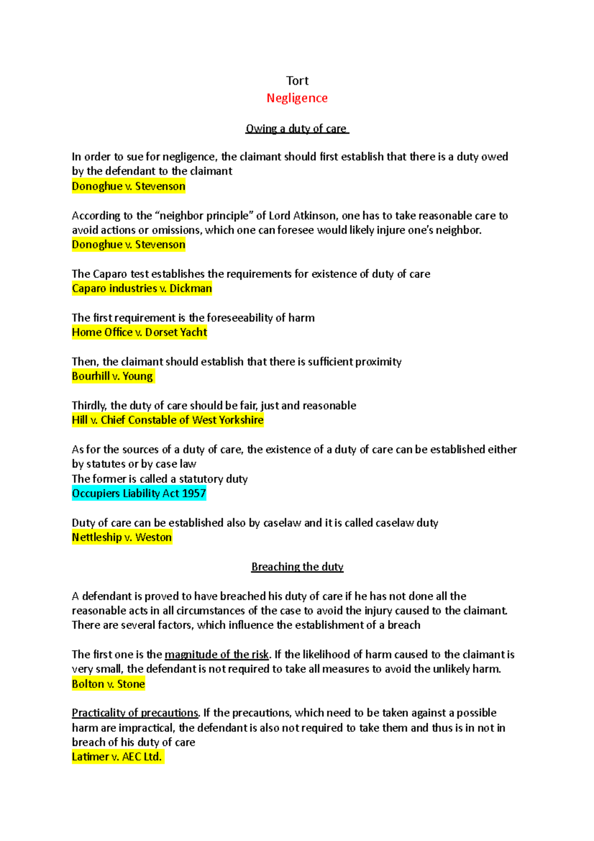 Tort - Lecture Notes - Tort Negligence Owing a duty of care In order to ...