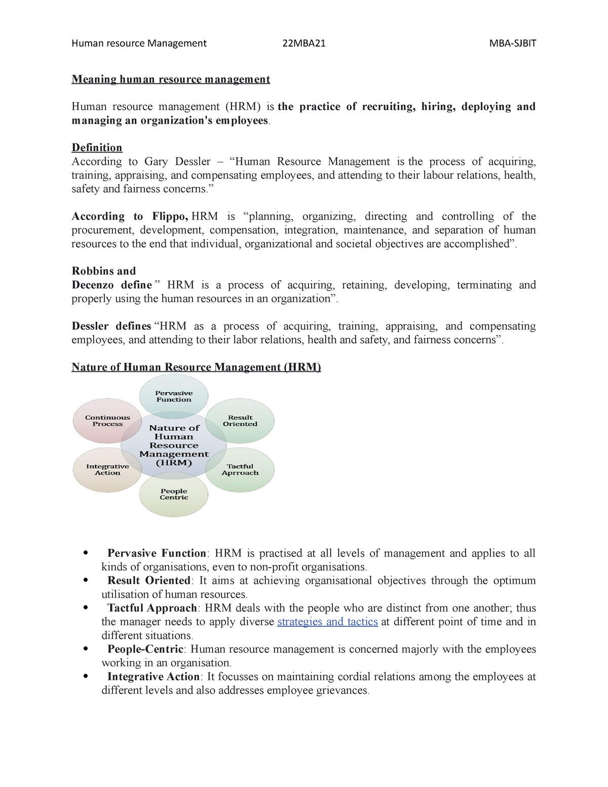 HRM Module 1 Notes - Meaning Human Resource Management Human Resource ...