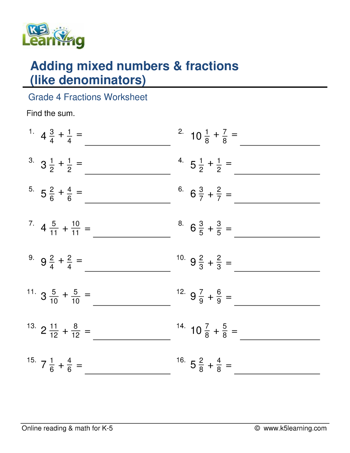 Grade 4 adding mixed numbers fractions like denominators b - Online ...