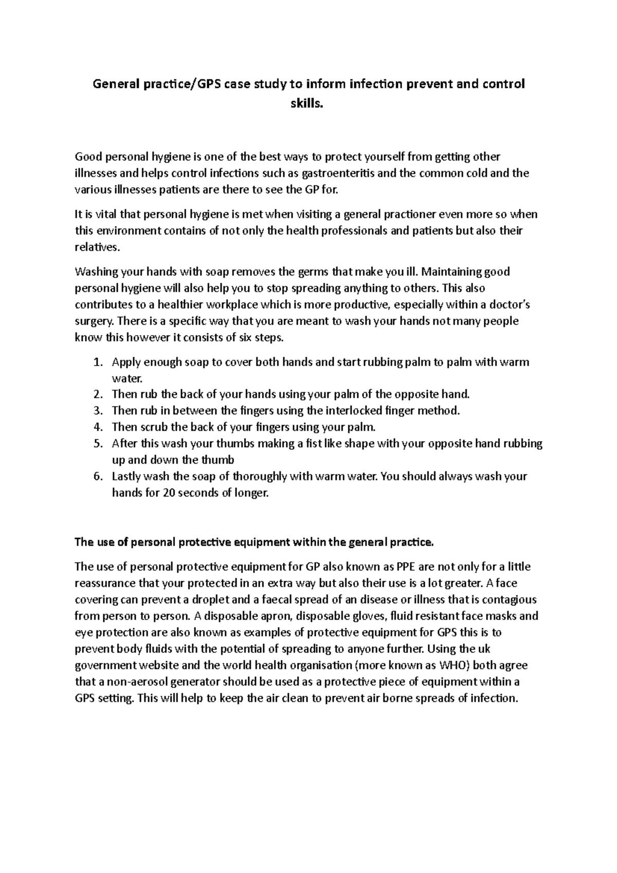 GP case study for infection control and prevention General practice