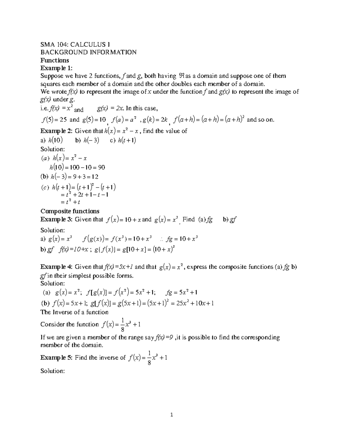 Calculus 1 notes Dr - SMA 104: CALCULUS I BACKGROUND INFORMATION ...