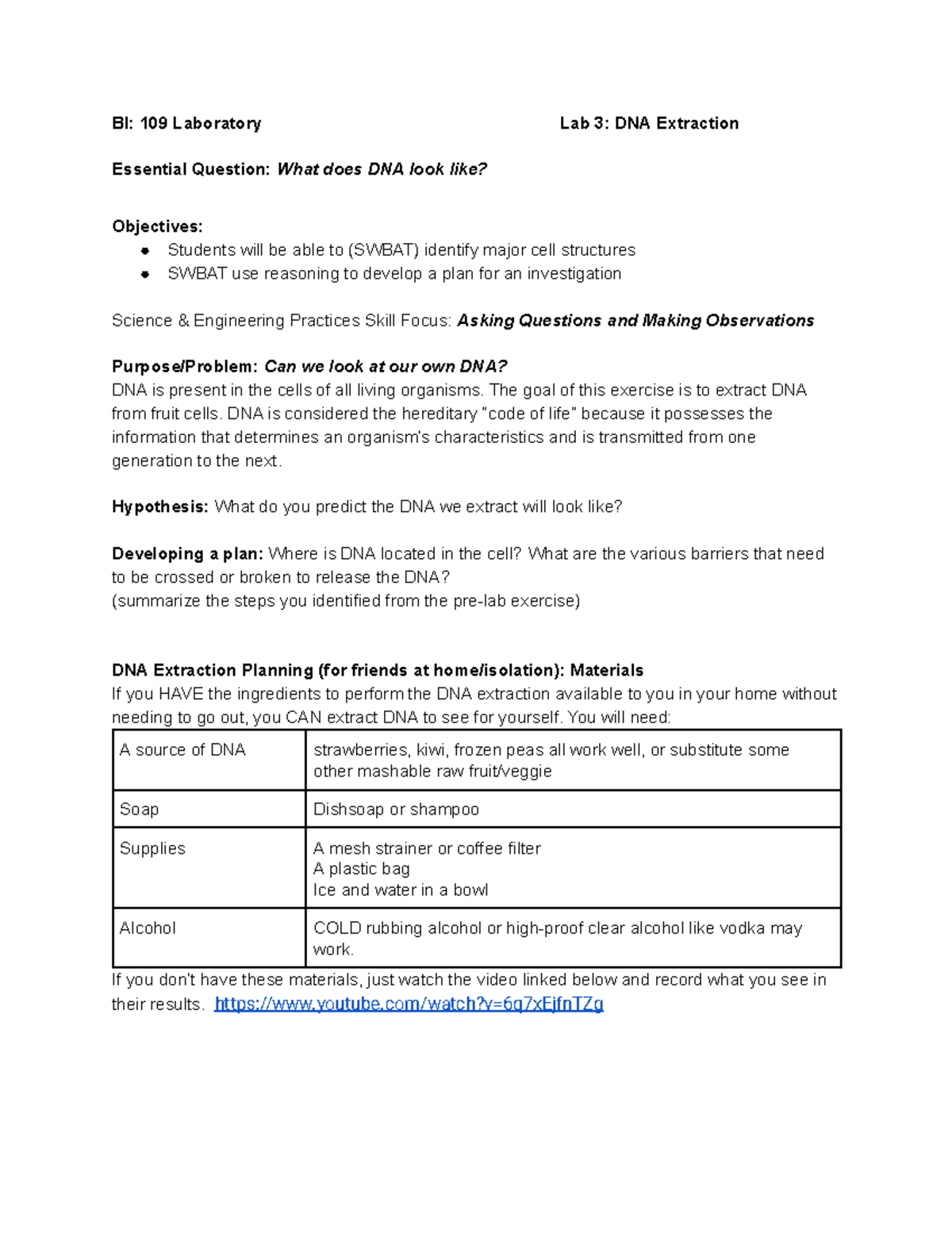 Copy of 3 DNA Extraction BI 109 Laboratory Lab 3 DNA Extraction