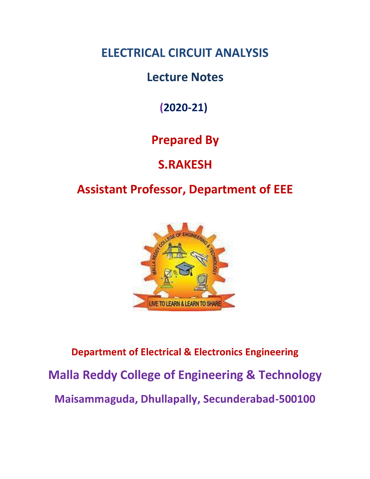 Electrical Circuit Analysis - ELECTRICAL CIRCUIT ANALYSIS Lecture Notes ...