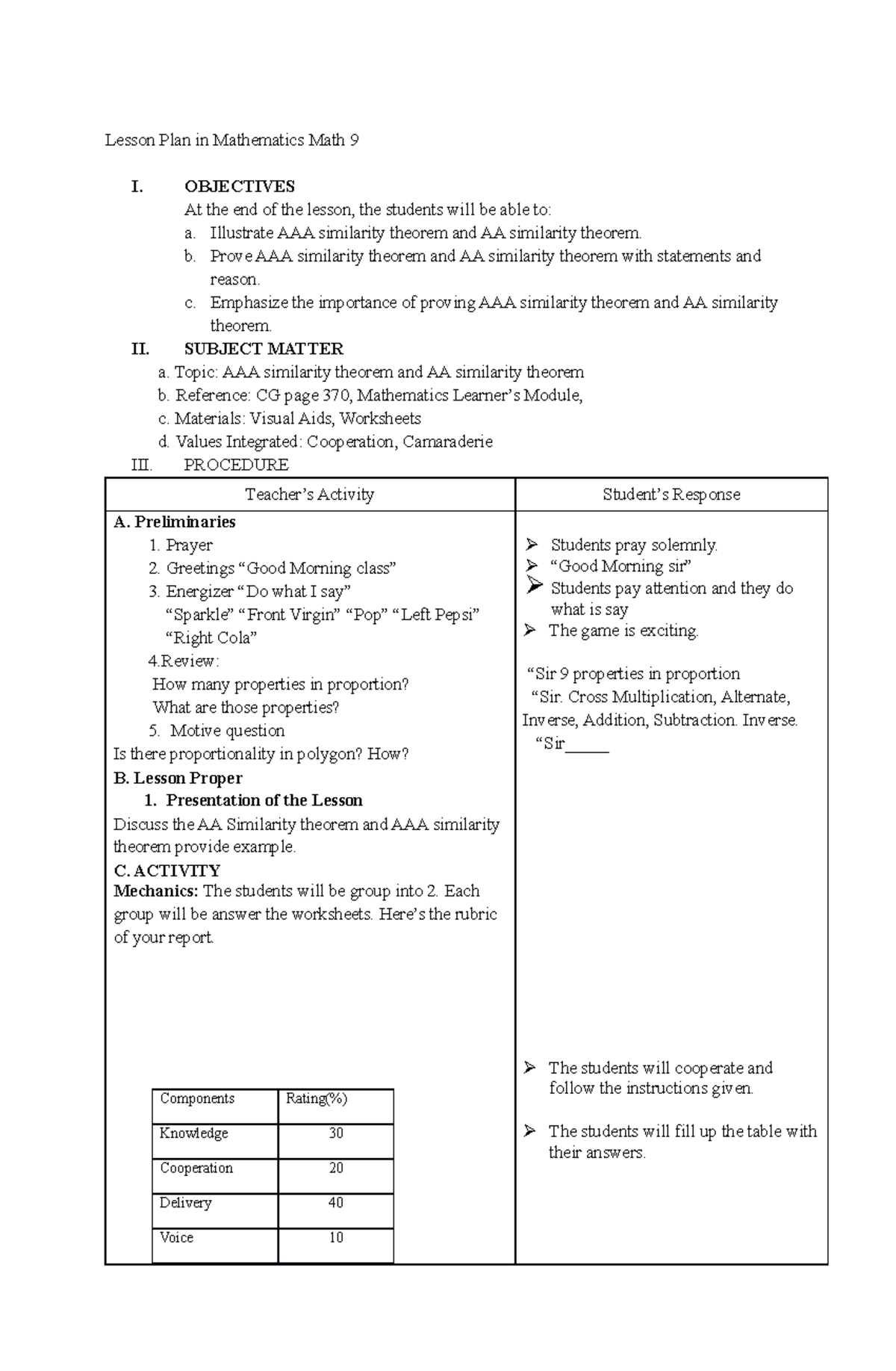 Lesson Plan in AAA Theorem - Lesson Plan in Mathematics Math 9 I ...