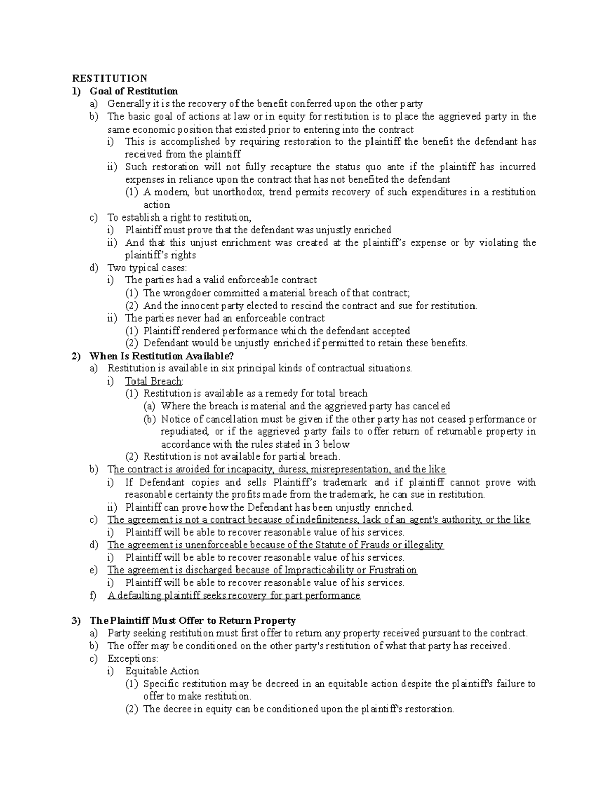 Contracts Law Outline 2 - RESTITUTION Goal Of Restitution A) Generally ...