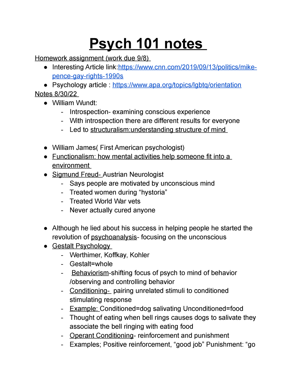 Psych 101 Notes - Psych 101 Notes Homework Assignment (work Due 9/8 ...