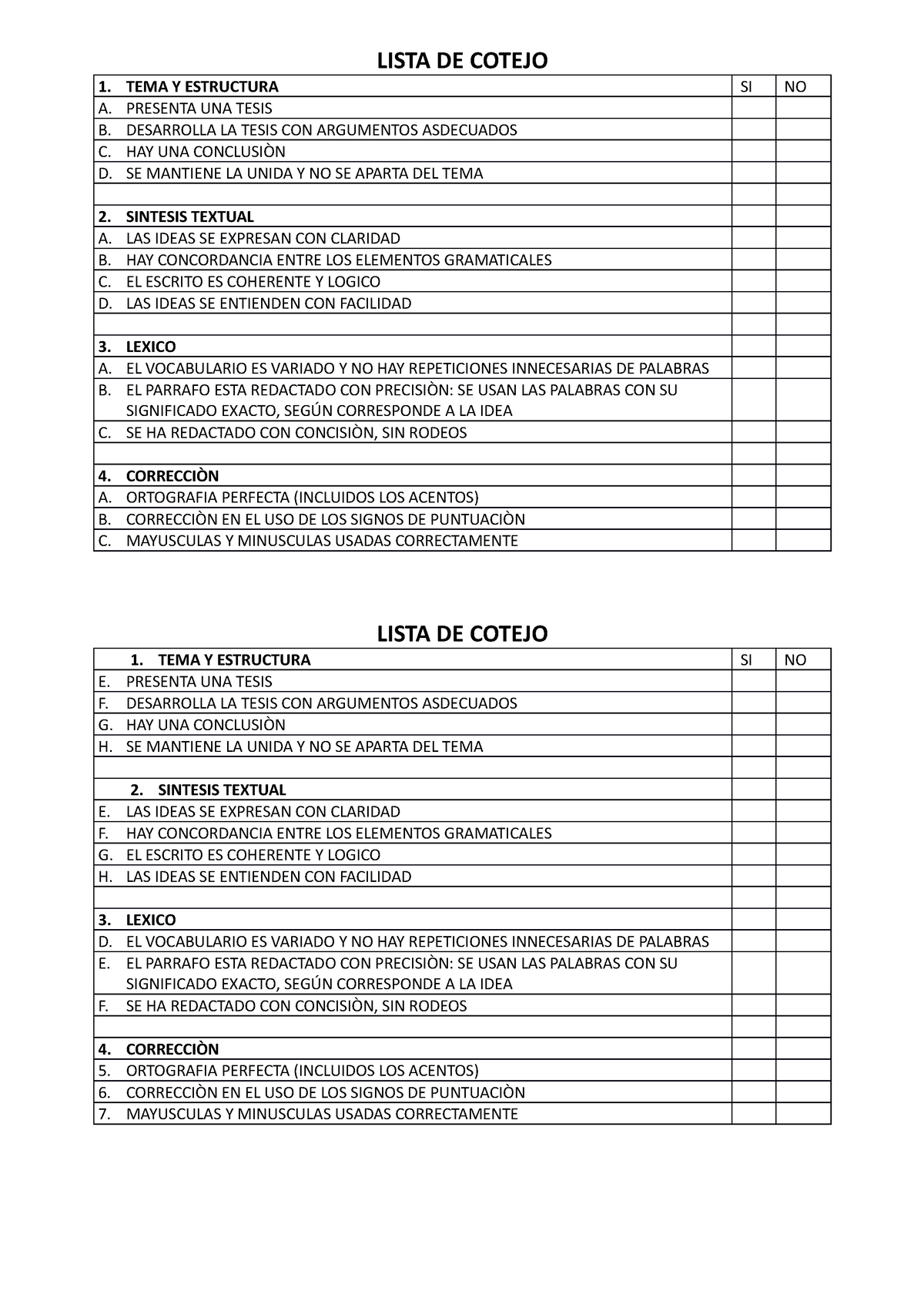 Lista De Cotejo Para Evaluar Un Ensayo Lista De Cotejo 1 Y Estructura Si No A Presenta Una