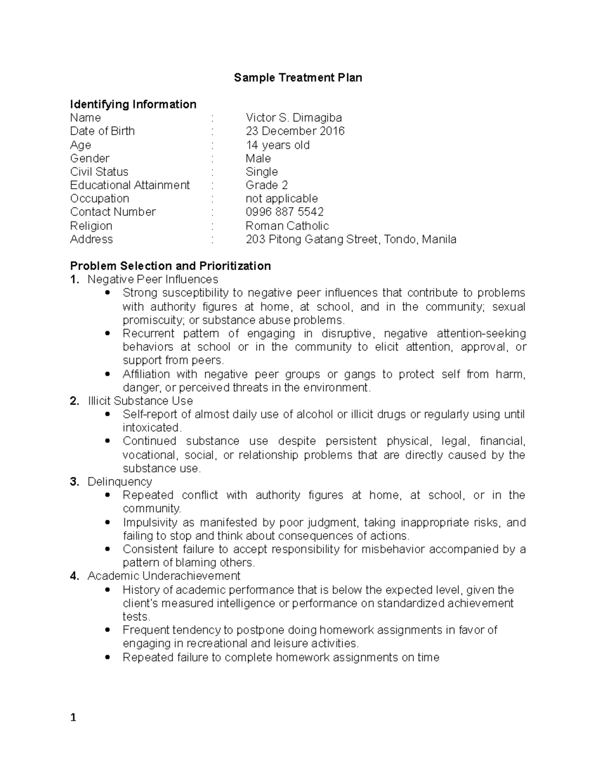 Sample Treatment Plan - Sample Treatment Plan Identifying Information ...