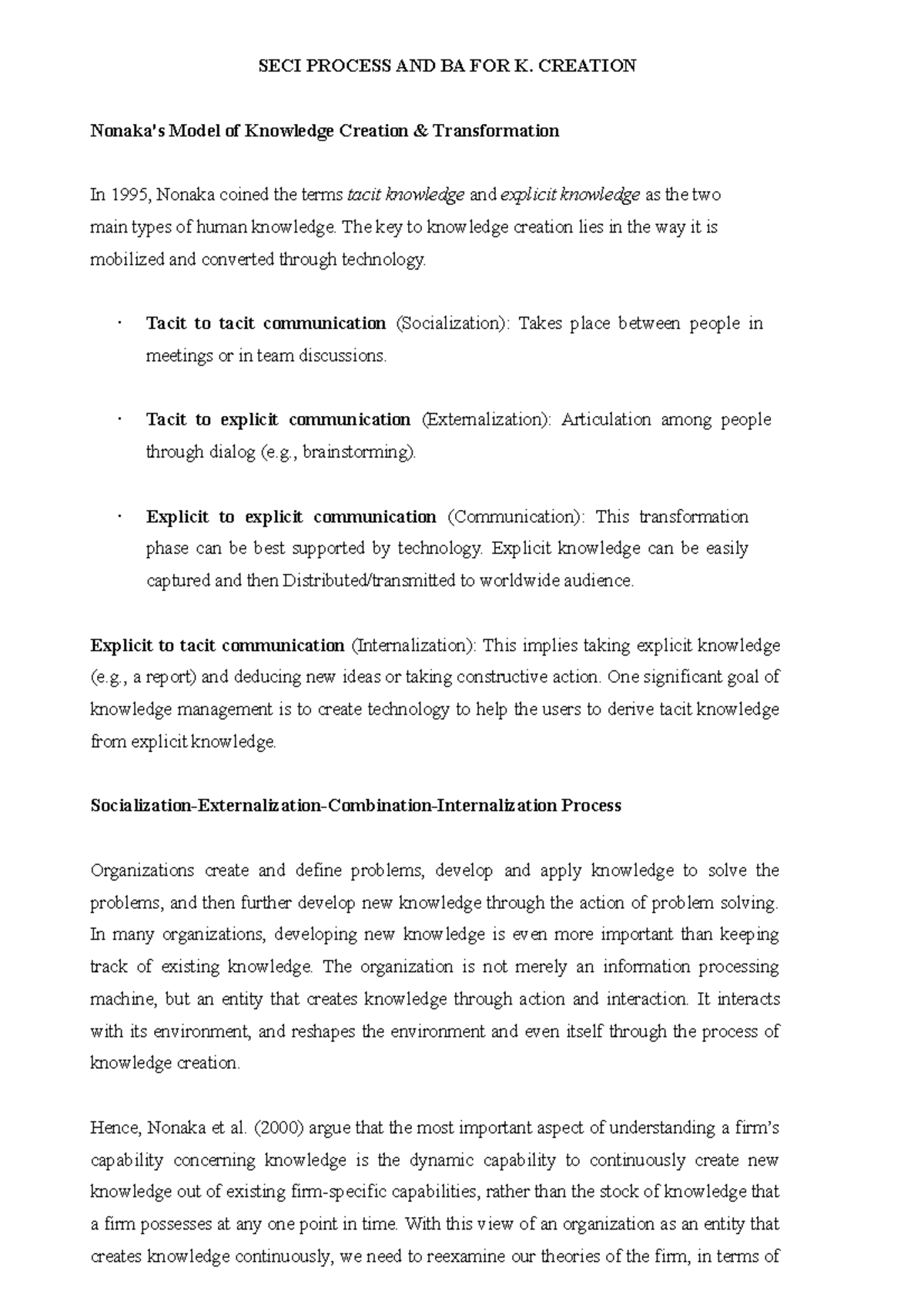 Ch02 Knowledge creation transformation - SECI PROCESS AND BA FOR K ...